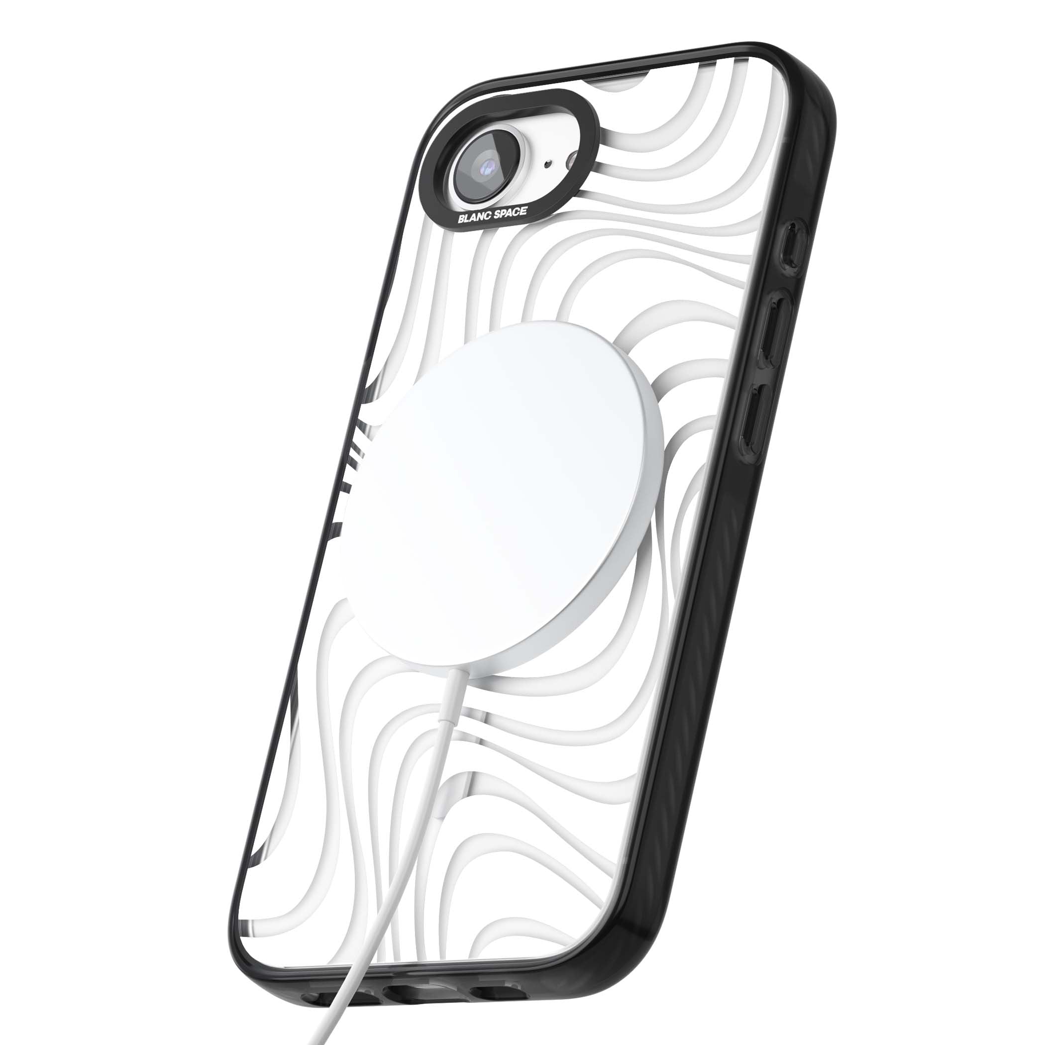 White Abstract Waves abstract iPhone case featuring flowing grey wave pattern on clear background | Black Impact Magsafe case for iPhone 16e, iPhone 17e