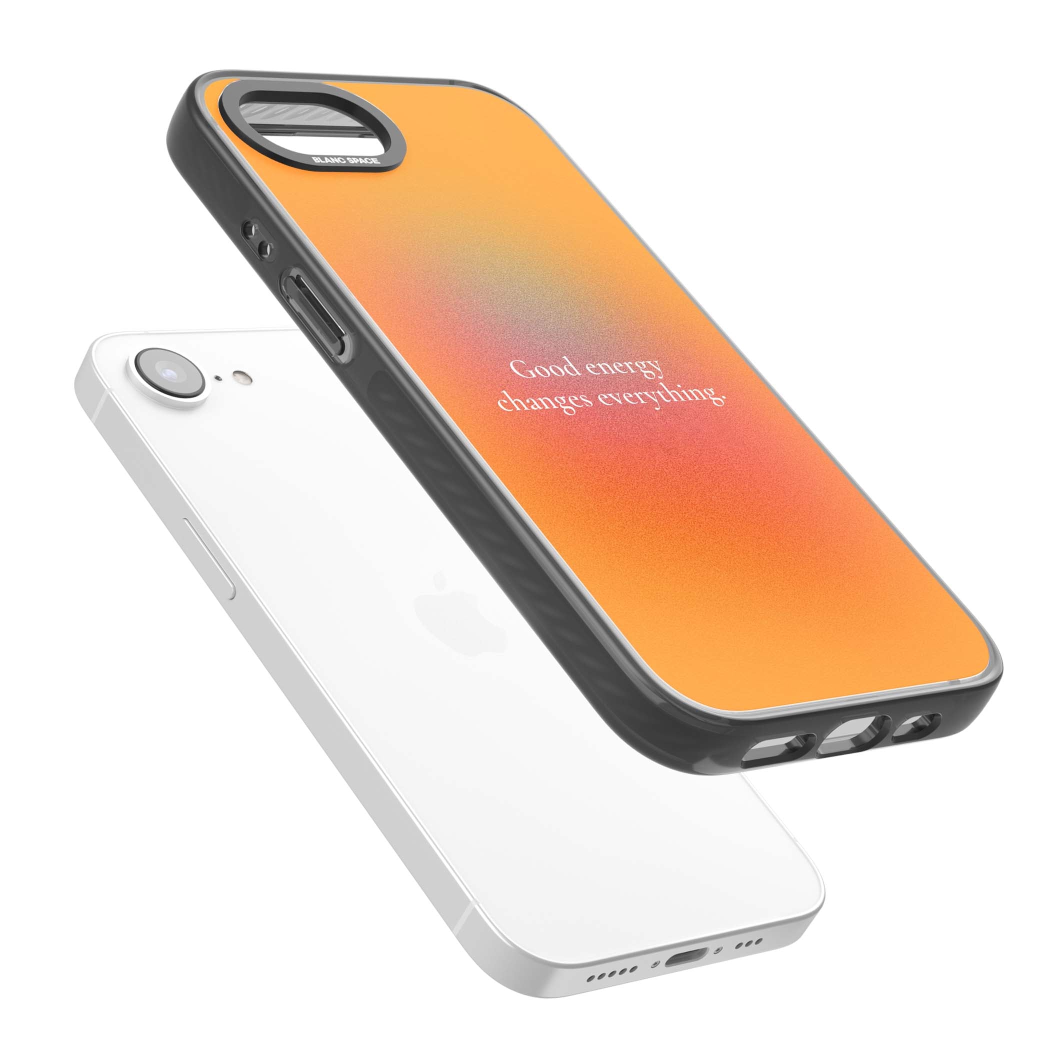Good Energy quote iPhone case featuring an orange and pink aura gradient with white serif affirmation text | Black Impact Magsafe case for iPhone 16e, iPhone 17e