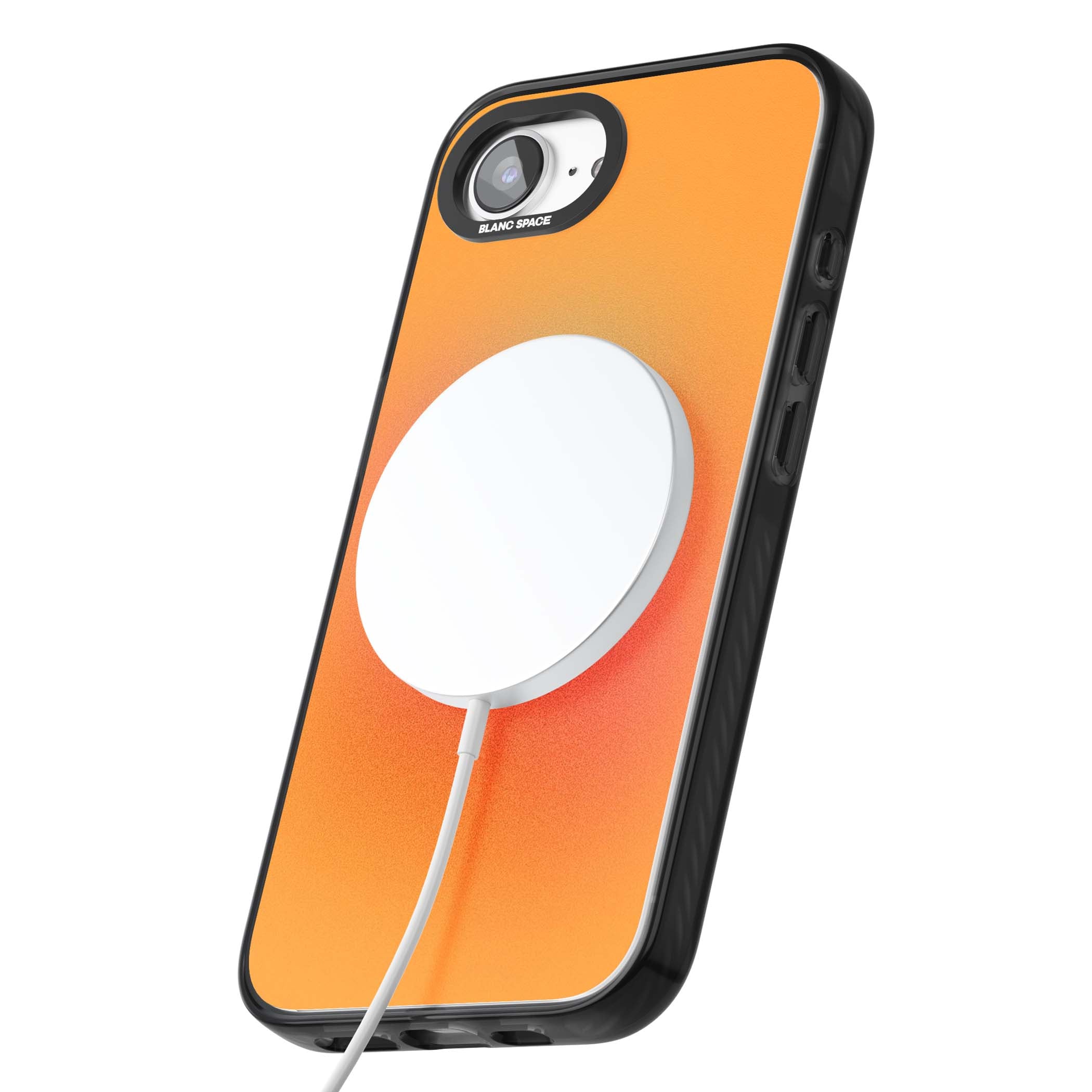 Good Energy quote iPhone case featuring an orange and pink aura gradient with white serif affirmation text | Black Impact Magsafe case for iPhone 16e, iPhone 17e