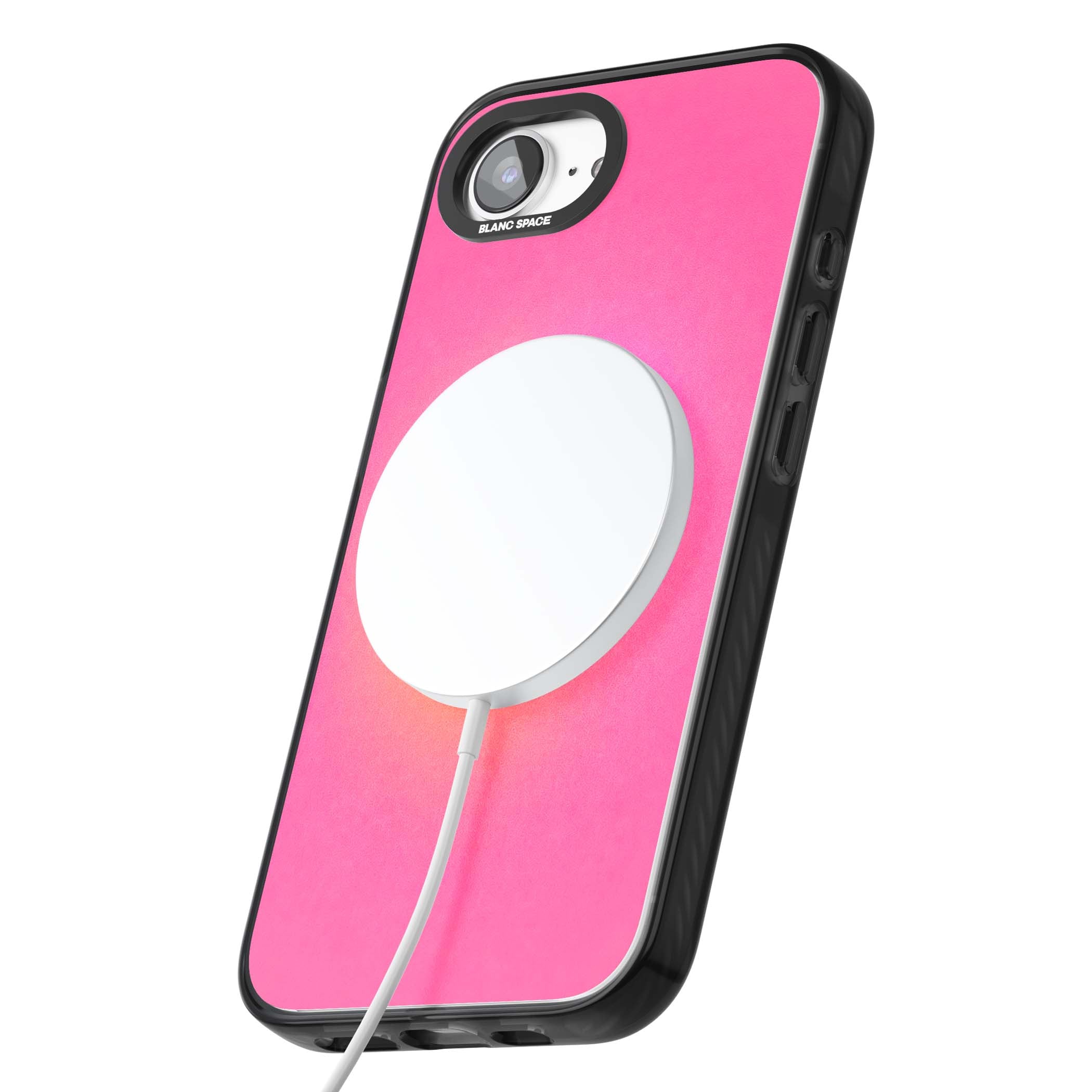 Peace Over Perfection quote iPhone case featuring a dreamy pink aura gradient and delicate white affirmation text | Black Impact Magsafe case for iPhone 16e, iPhone 17e