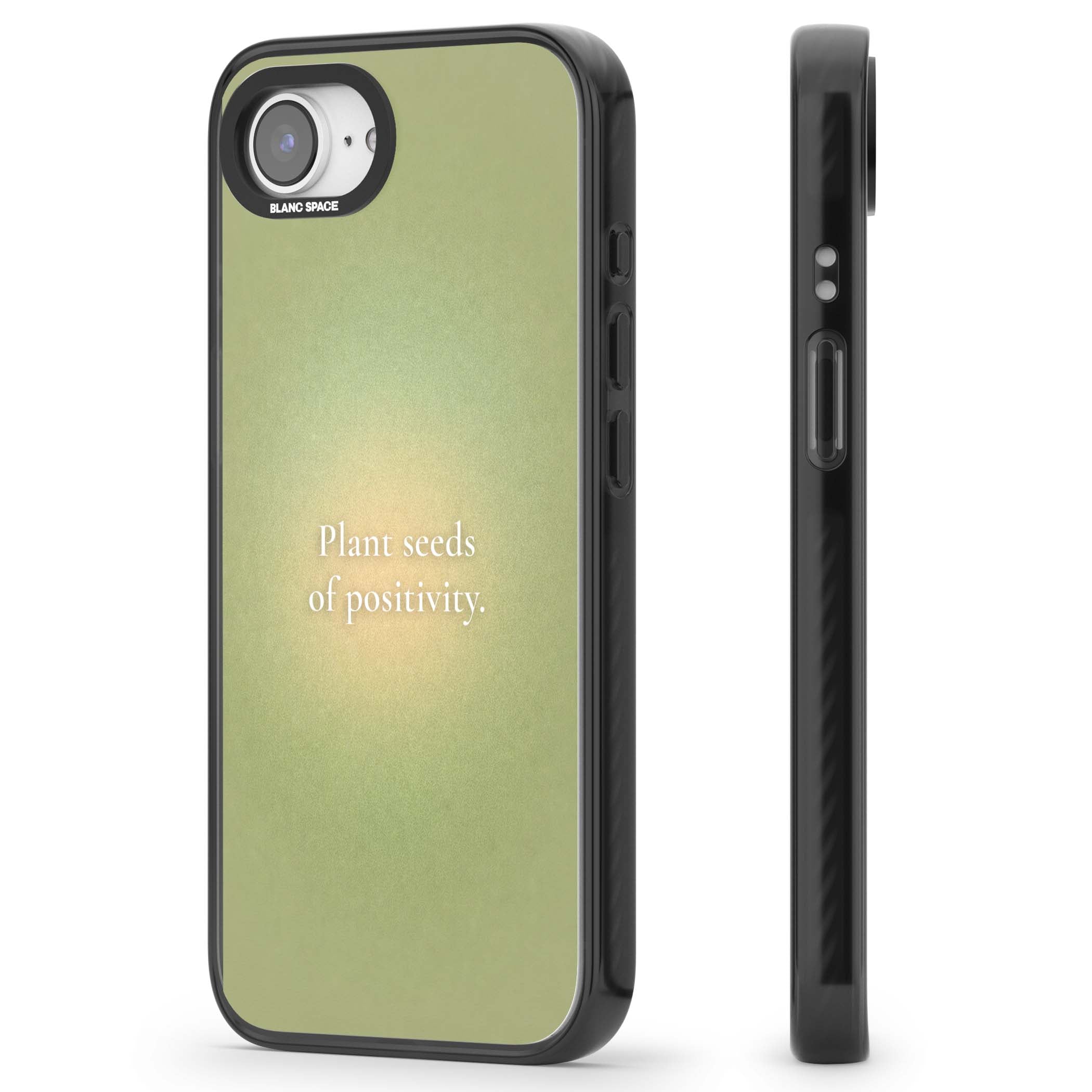 Seeds of Positivity quote iPhone case featuring a sage green aura gradient and golden glow affirmation | Black Impact Magsafe case for iPhone 16e, iPhone 17e