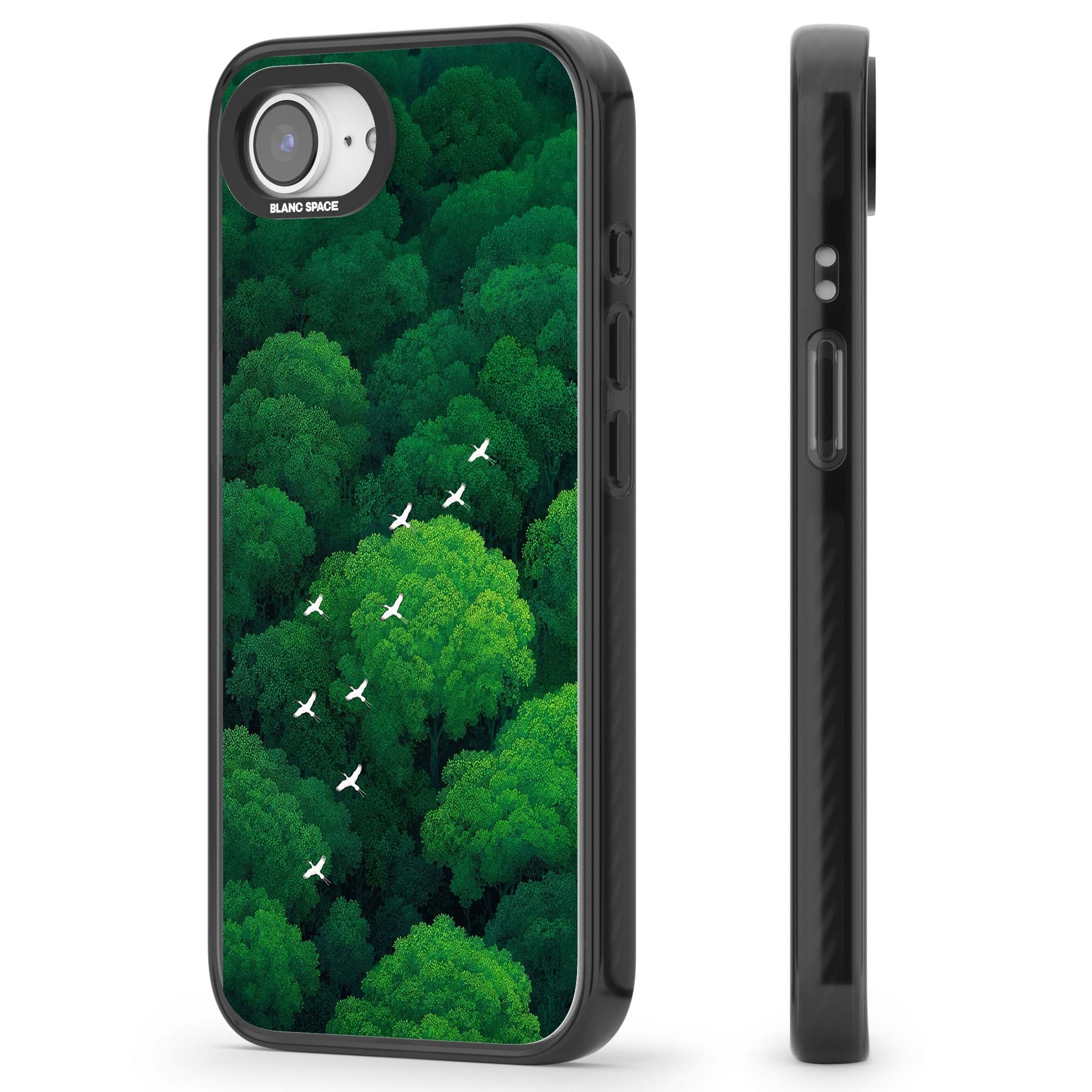 Grove Migration forest iPhone case featuring white cranes flying over lush green treetop canopy | Black Impact Magsafe case for iPhone 16e, iPhone 17e
