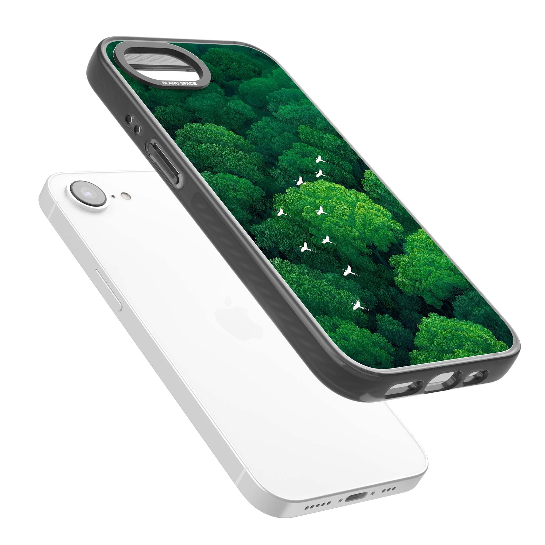 Grove Migration forest iPhone case featuring white cranes flying over lush green treetop canopy | Black Impact Magsafe case for iPhone 16e, iPhone 17e
