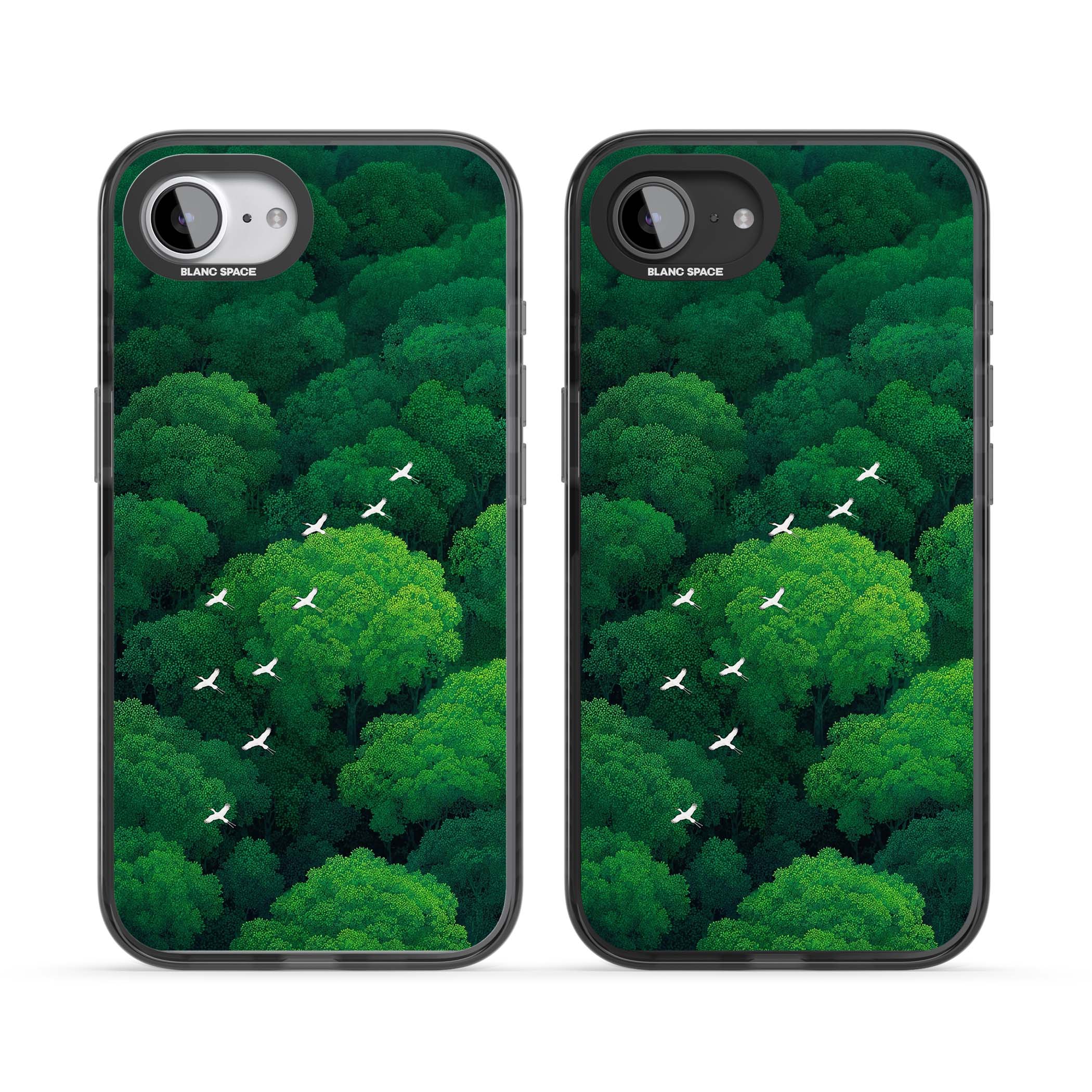 Grove Migration forest iPhone case featuring white cranes flying over lush green treetop canopy | Black Impact Magsafe case for iPhone 16e, iPhone 17e
