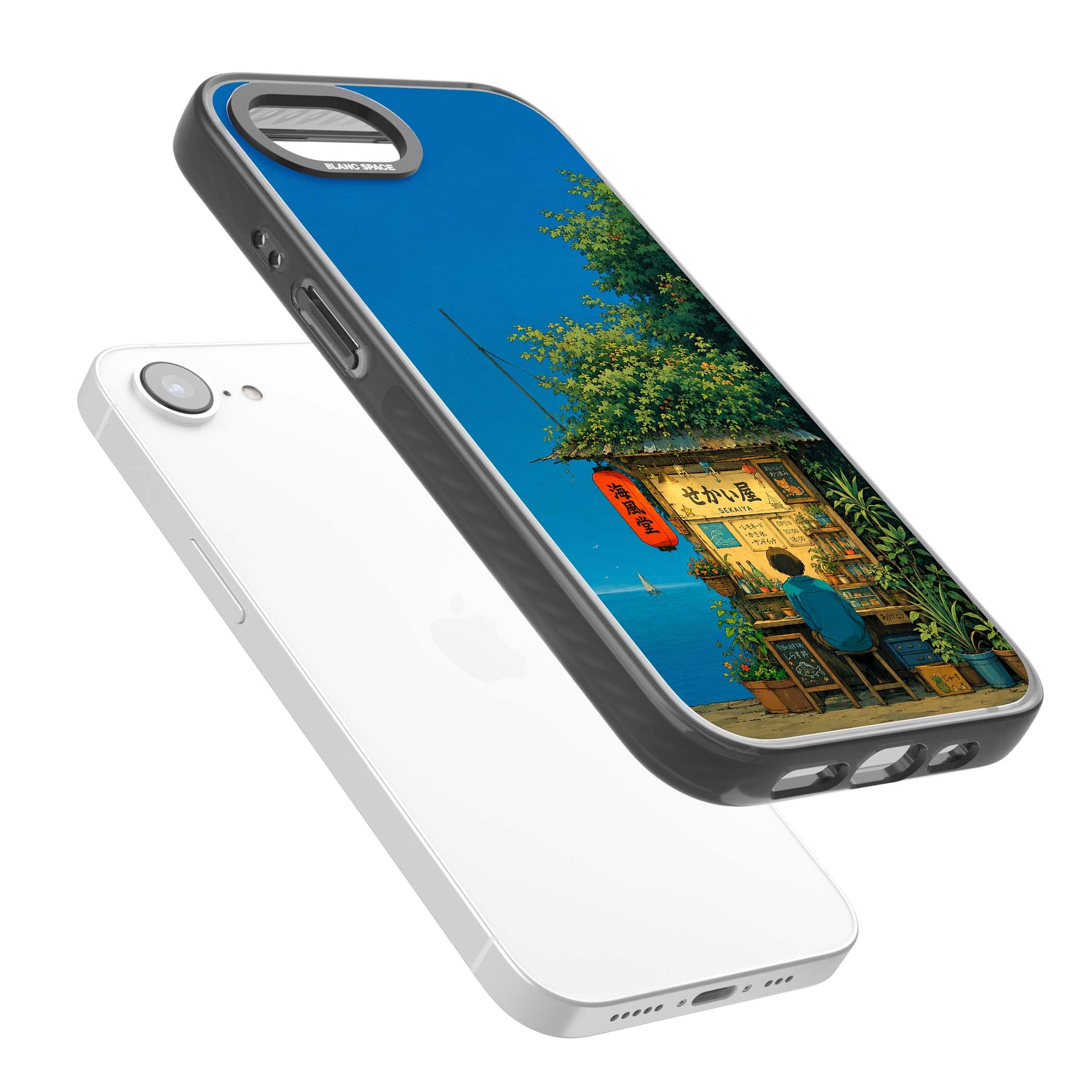 The Shirahama Kiosk anime iPhone case featuring a Japanese seaside shop, red paper lantern and ocean view | Black Impact Magsafe case for iPhone 16e, iPhone 17e