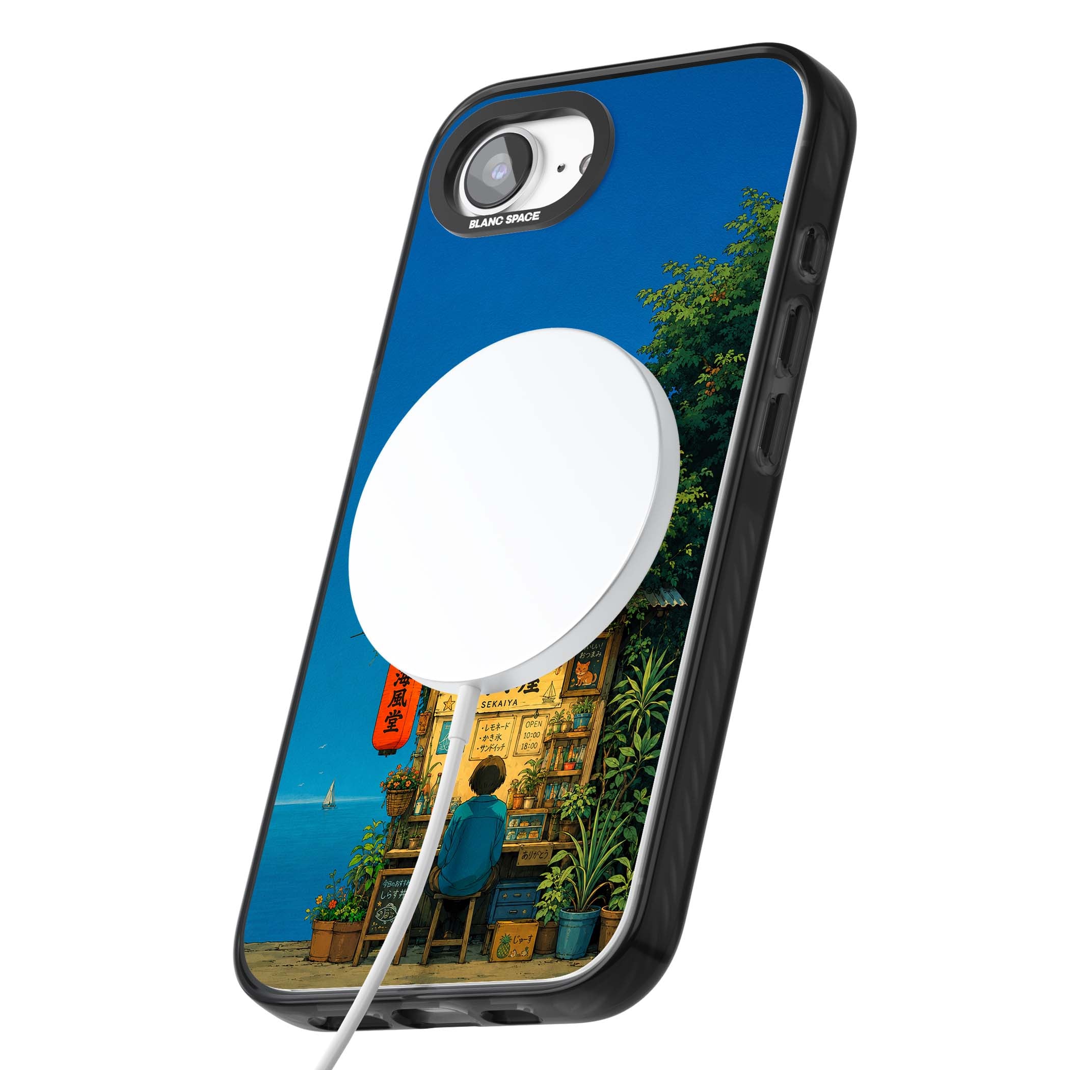 The Shirahama Kiosk anime iPhone case featuring a Japanese seaside shop, red paper lantern and ocean view | Black Impact Magsafe case for iPhone 16e, iPhone 17e