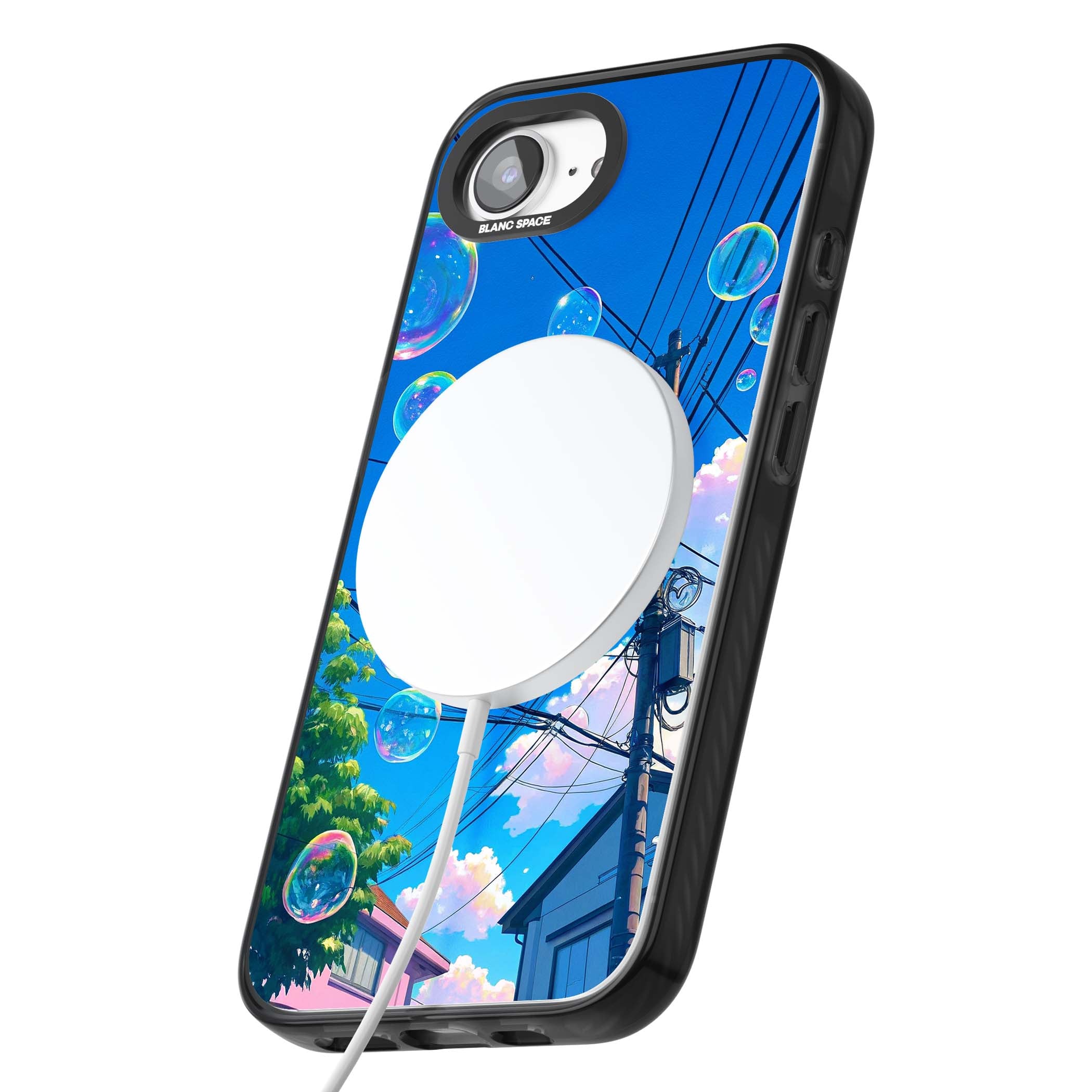 Suburban Bubbles anime iPhone case featuring iridescent soap bubbles, blue sky and Japanese telephone wires | Black Impact Magsafe case for iPhone 16e, iPhone 17e