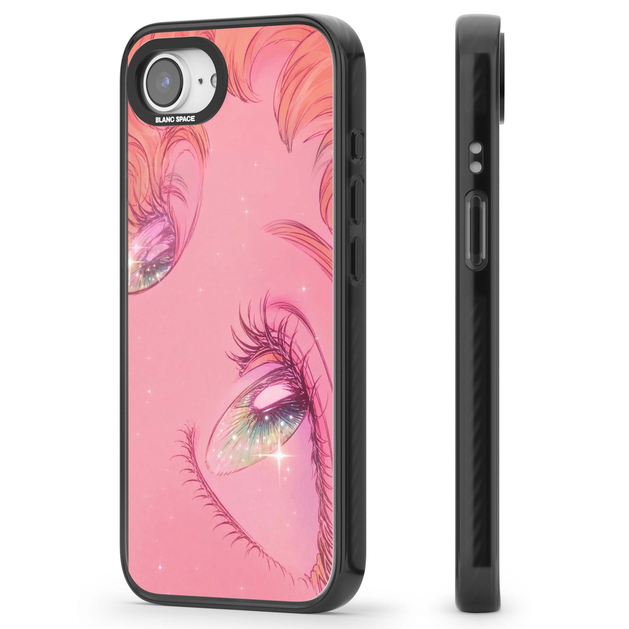 Pink Ethereal Gaze anime iPhone case featuring sparkling manga eyes, coral lashes and dreamy peach sky | Black Impact Magsafe case for iPhone 16e, iPhone 17e
