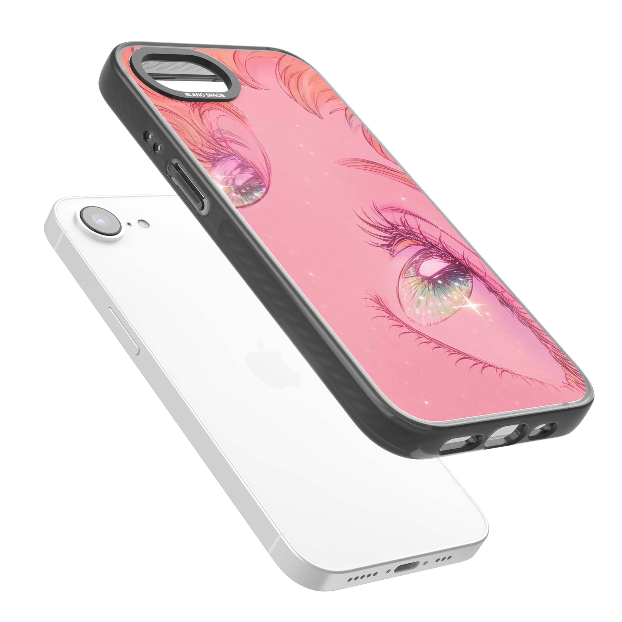 Pink Ethereal Gaze anime iPhone case featuring sparkling manga eyes, coral lashes and dreamy peach sky | Black Impact Magsafe case for iPhone 16e, iPhone 17e