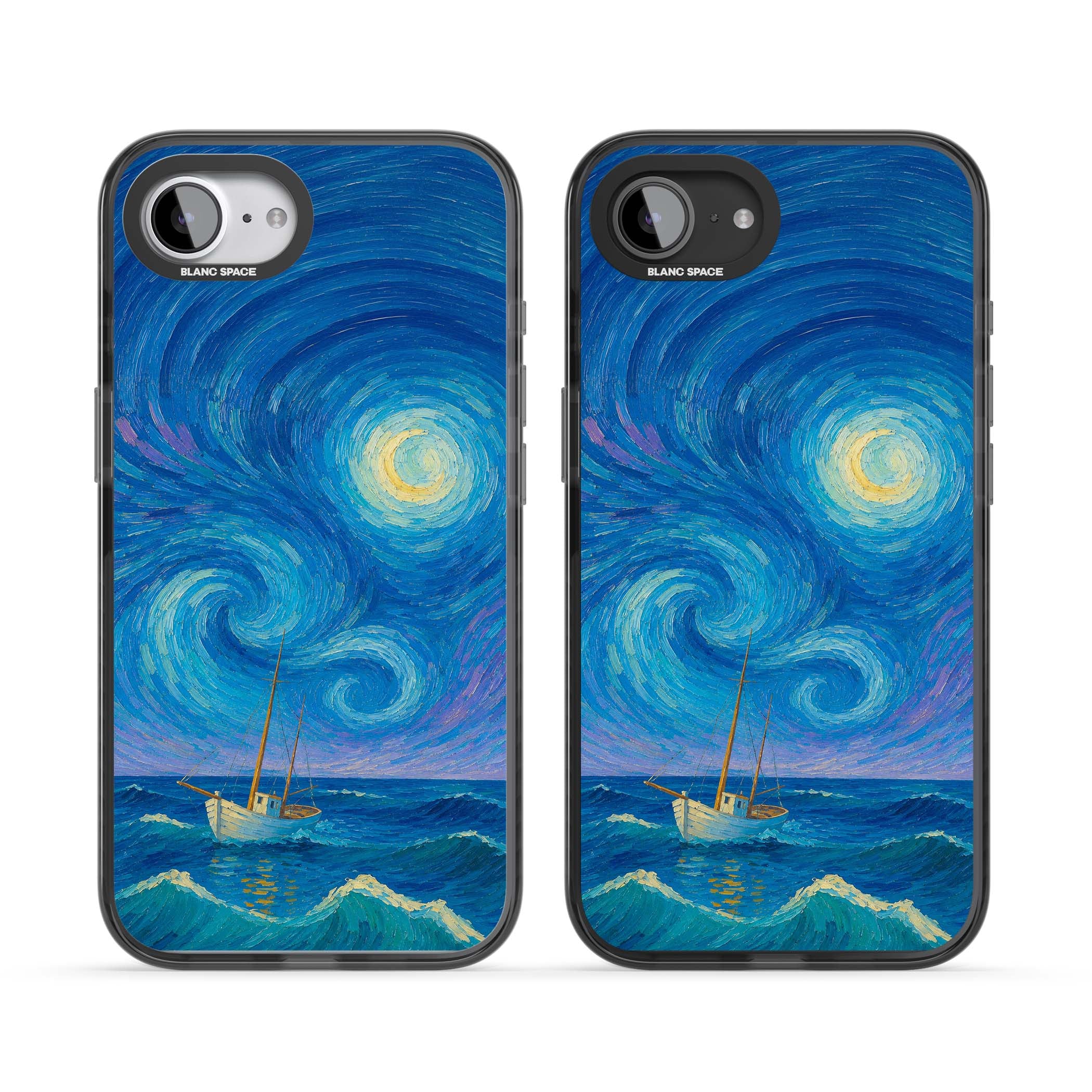 Moonlit Tide Van Gogh art iPhone case featuring swirling starry night sky, glowing moon and lone sailing boat at sea | Black Impact Magsafe case for iPhone 16e, iPhone 17e