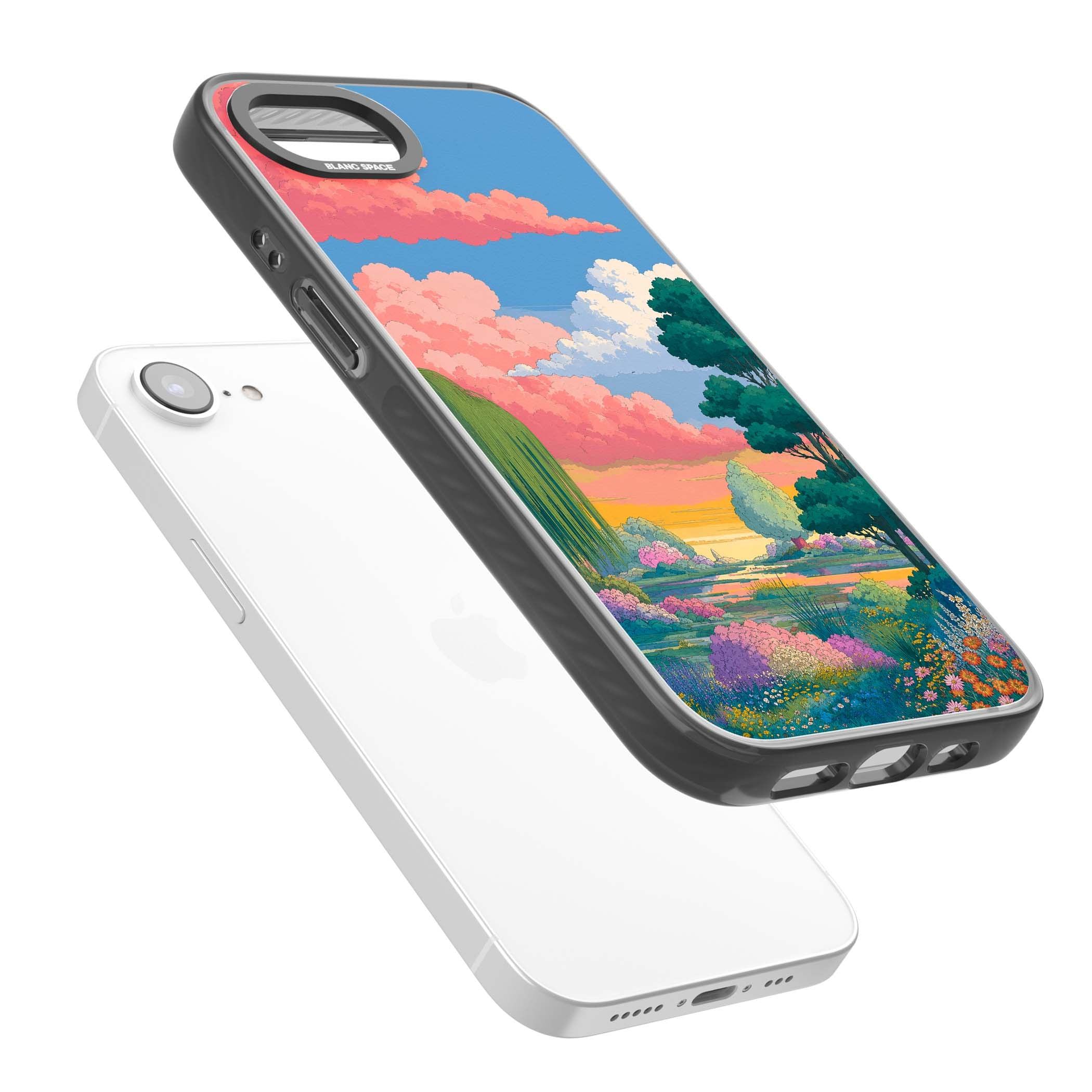 Dream Valley anime landscape iPhone case featuring pink sunset clouds, willow trees and wildflowers | Black Impact Magsafe case for iPhone 16e, iPhone 17e
