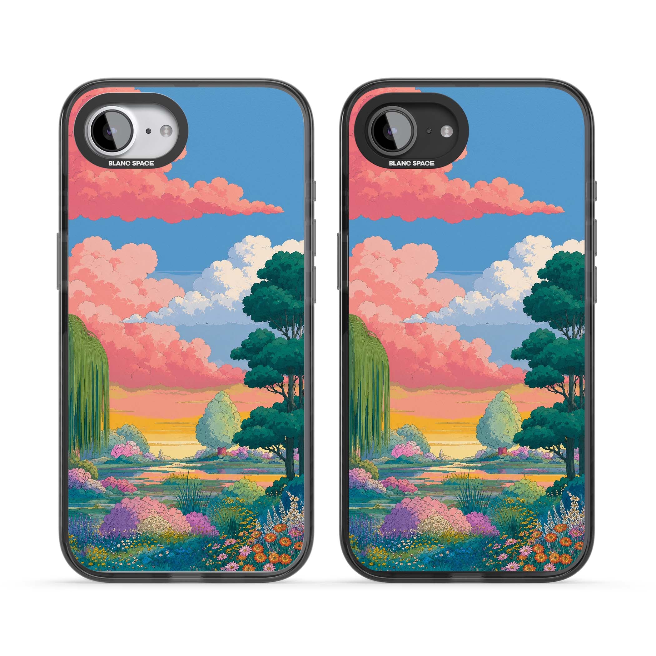Dream Valley anime landscape iPhone case featuring pink sunset clouds, willow trees and wildflowers | Black Impact Magsafe case for iPhone 16e, iPhone 17e