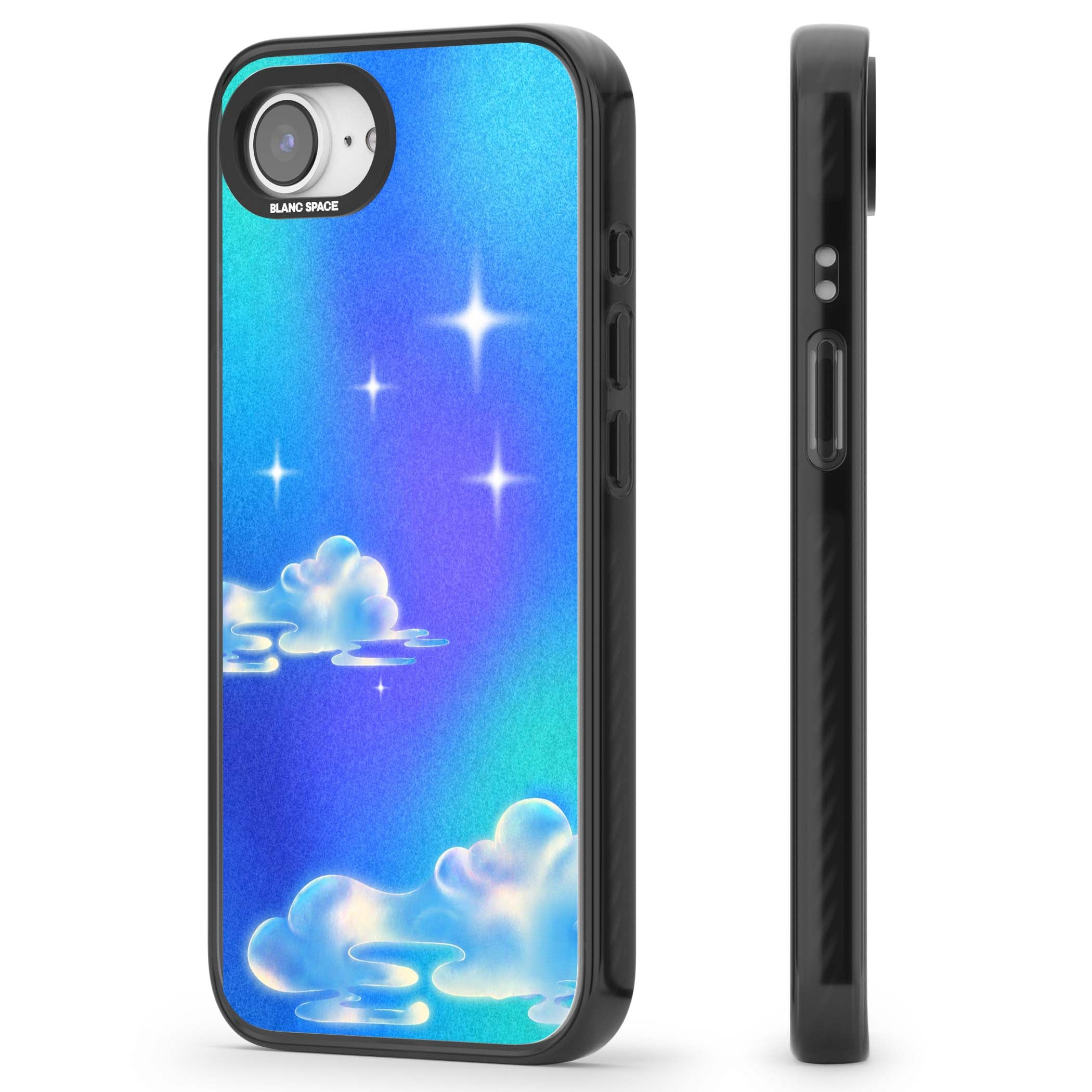Aurora celestial iPhone case featuring dreamy iridescent clouds, sparkling stars and pastel blue purple sky | Black Impact Magsafe case for iPhone 16e, iPhone 17e