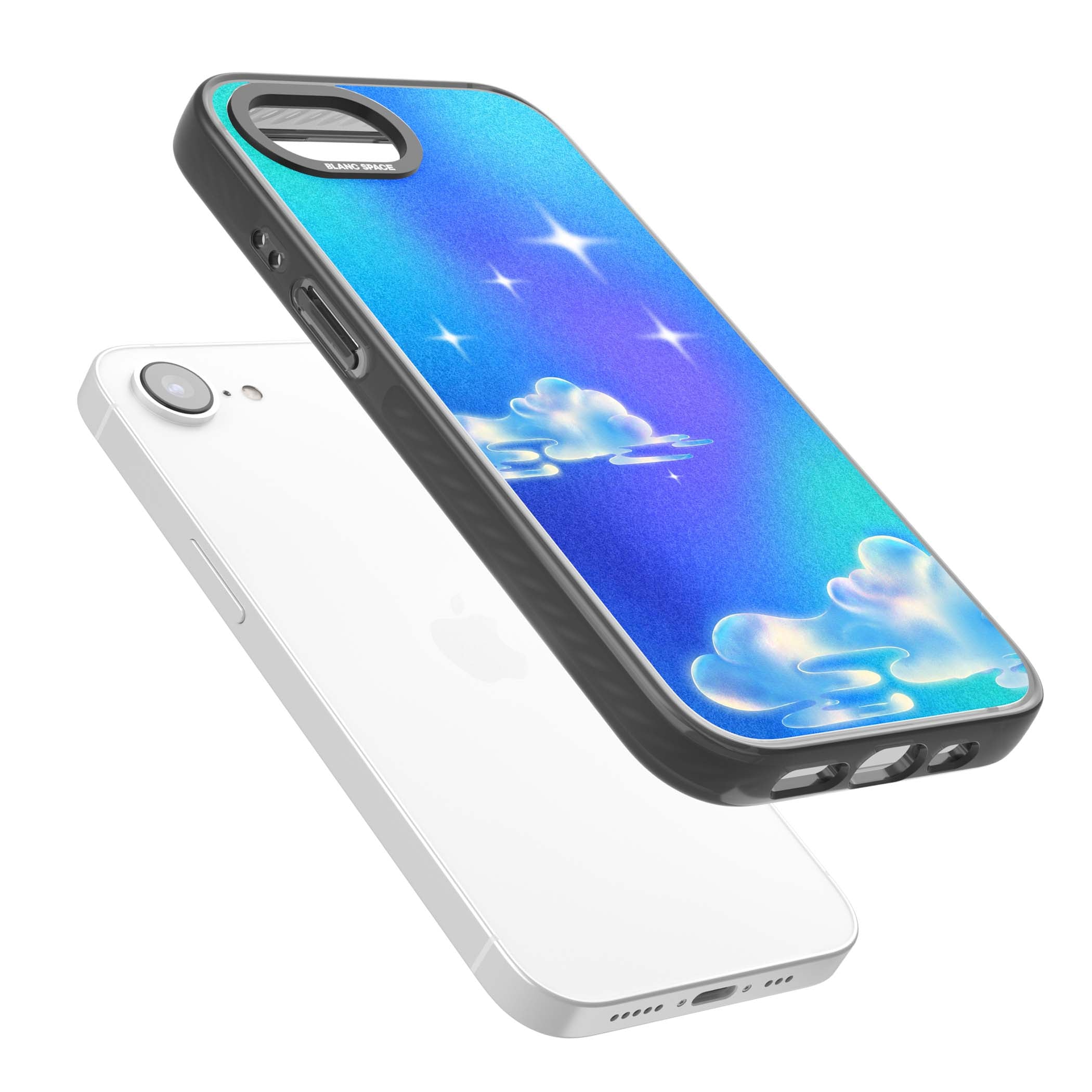 Aurora celestial iPhone case featuring dreamy iridescent clouds, sparkling stars and pastel blue purple sky | Black Impact Magsafe case for iPhone 16e, iPhone 17e