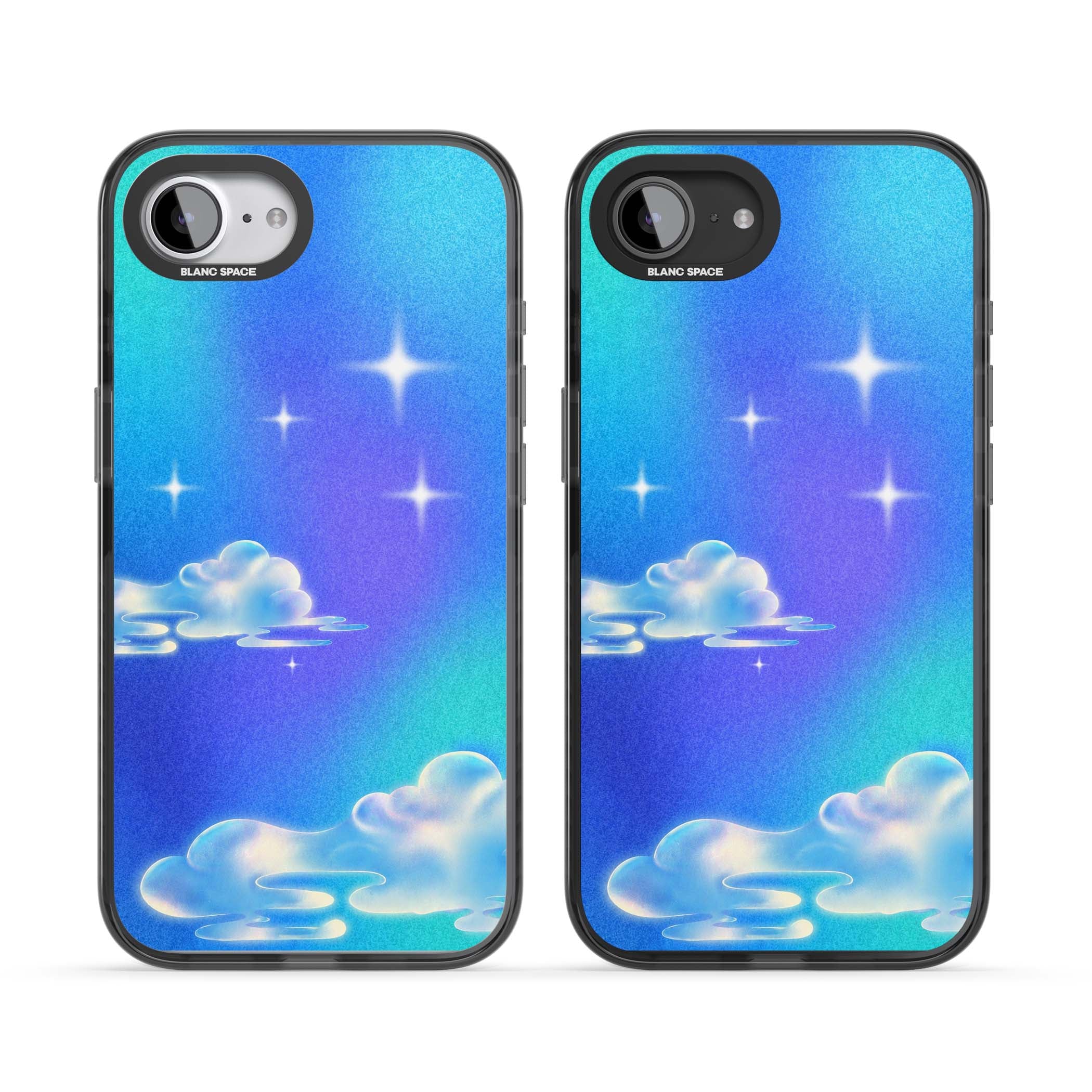 Aurora celestial iPhone case featuring dreamy iridescent clouds, sparkling stars and pastel blue purple sky | Black Impact Magsafe case for iPhone 16e, iPhone 17e