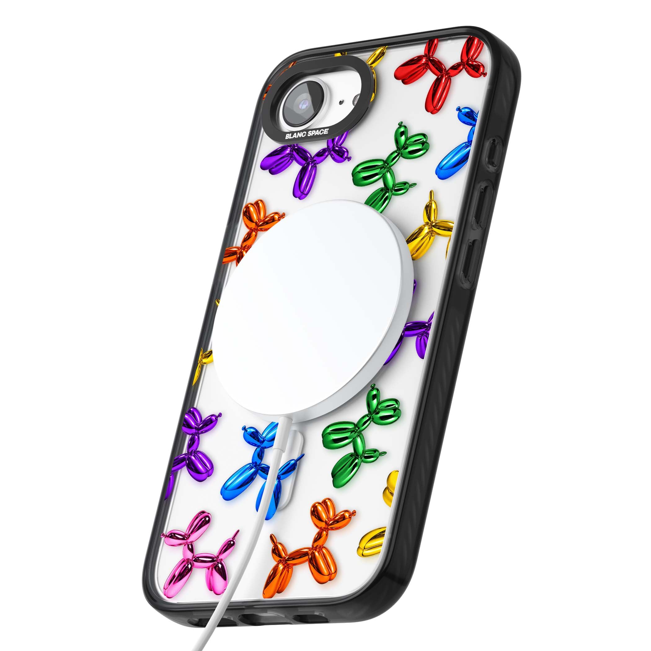 Balloon Dogs pop art iPhone case featuring rainbow chrome balloon dogs in Jeff Koons style | Black Impact Magsafe case for iPhone 16e, iPhone 17e