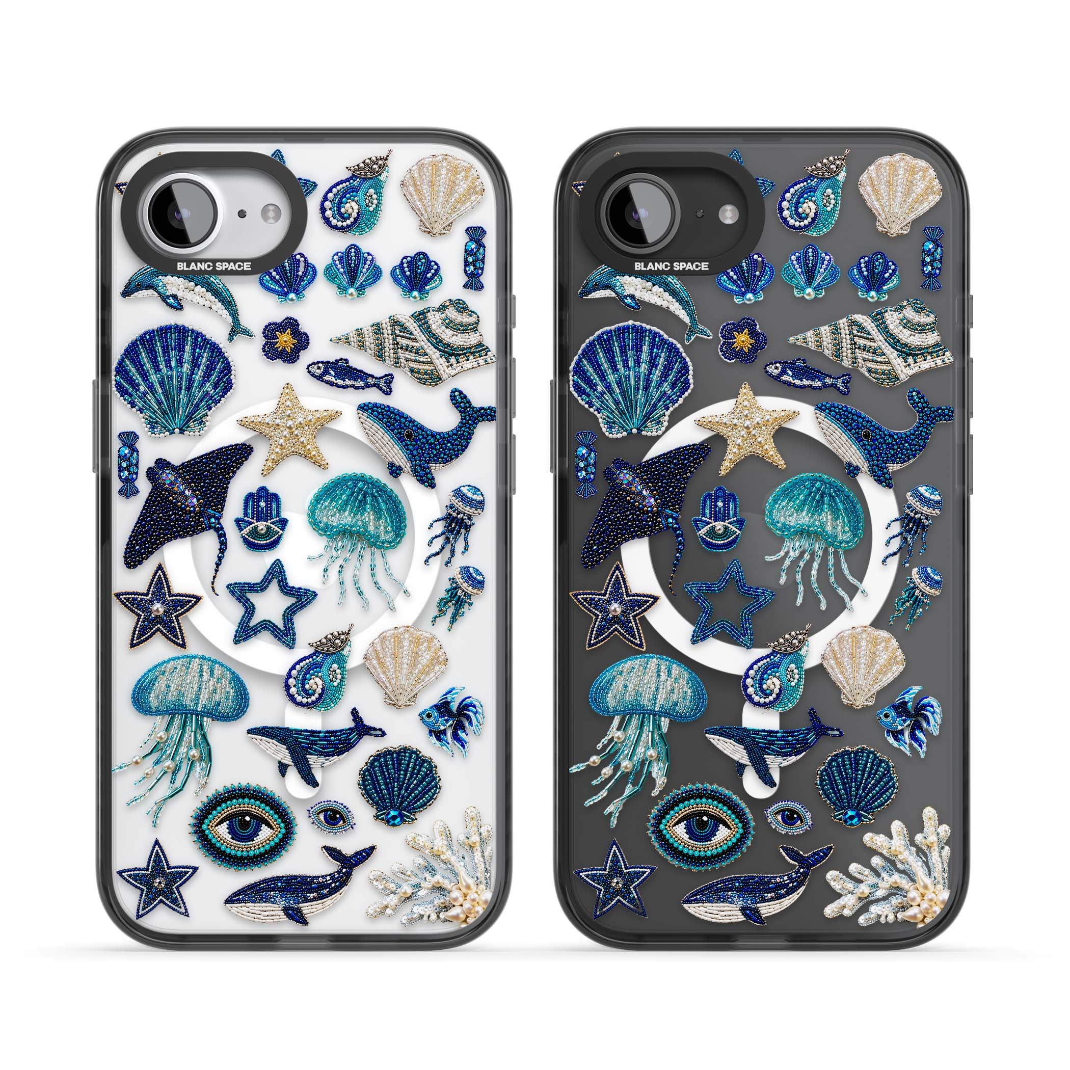 Beaded Coastal coastal iPhone case featuring embroidered seashells, jellyfish and a blue whale on clear | Black Impact Magsafe case for iPhone 16e, iPhone 17e