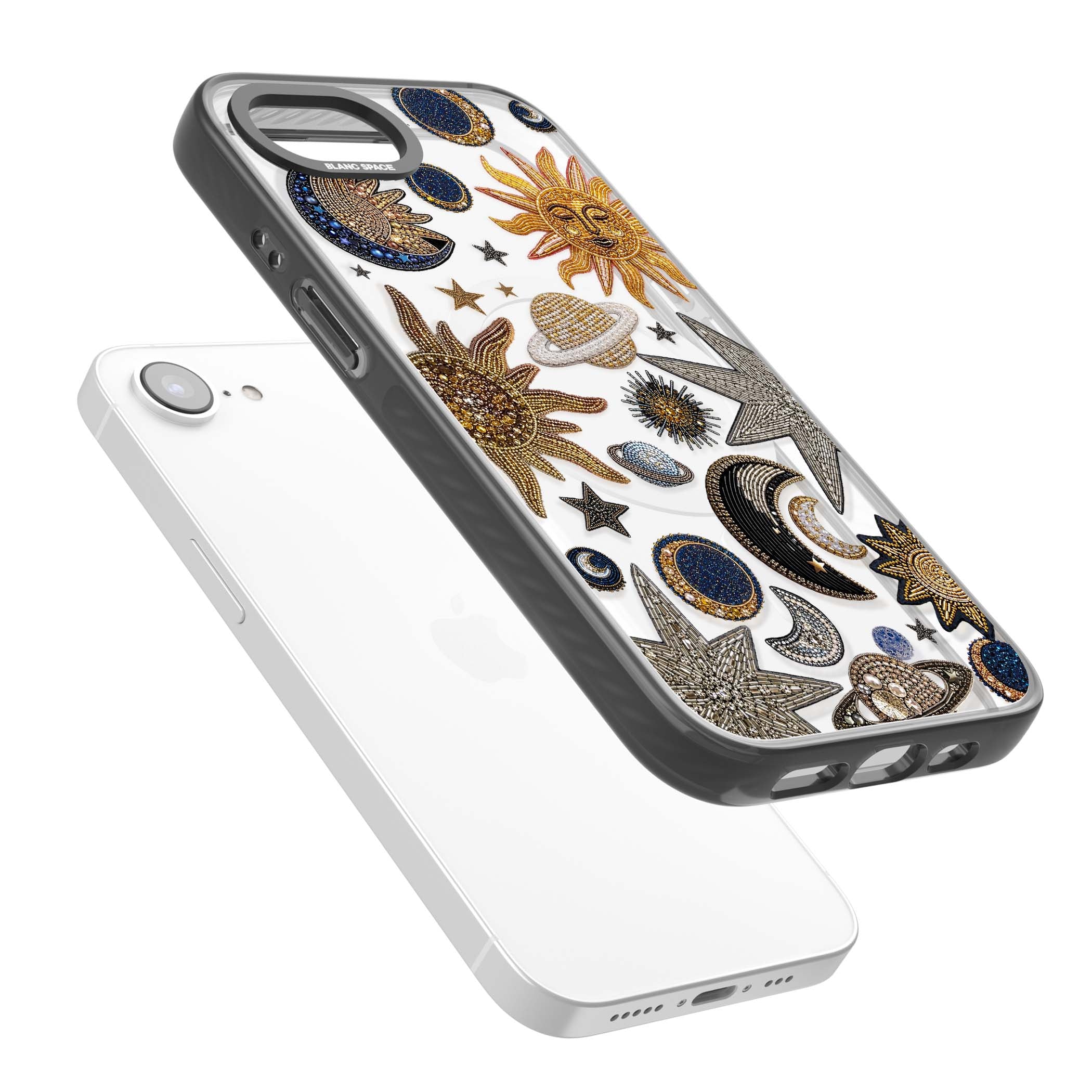 Beaded Cosmos celestial iPhone case featuring embroidered golden suns, beaded planets and silver shooting stars | Black Impact Magsafe case for iPhone 16e, iPhone 17e