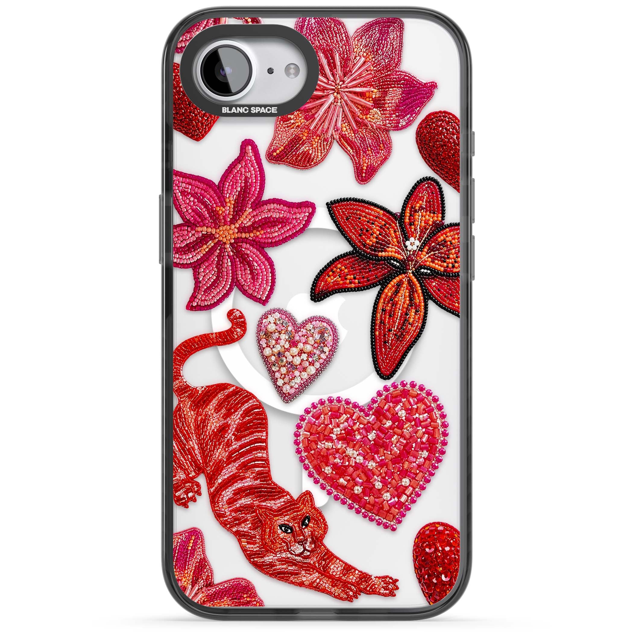 Beaded Boho floral iPhone case featuring beaded red lilies, a stitched tiger, and pearl-encrusted hearts on clear | Black Impact Magsafe case for iPhone 16e, iPhone 17e