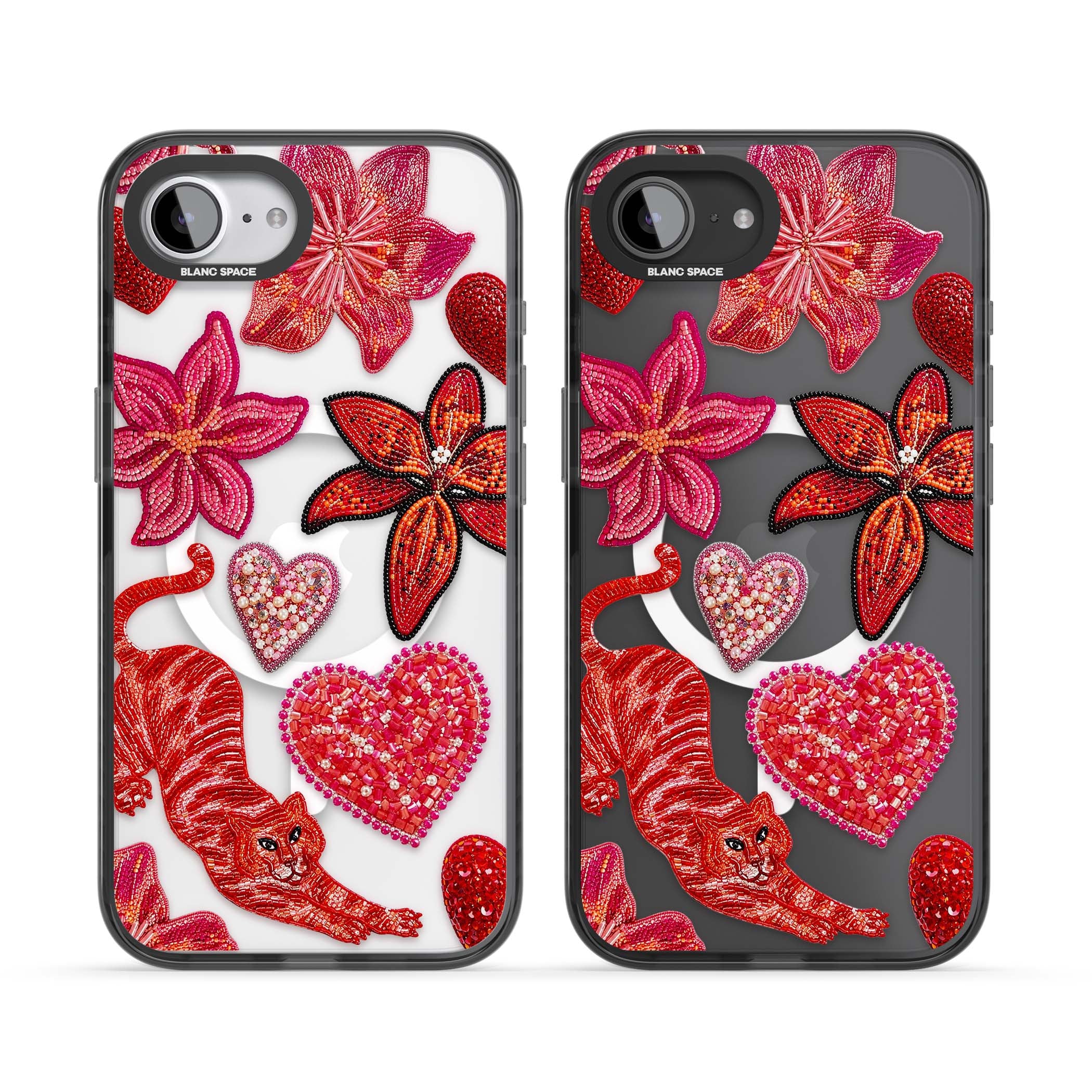 Beaded Boho floral iPhone case featuring beaded red lilies, a stitched tiger, and pearl-encrusted hearts on clear | Black Impact Magsafe case for iPhone 16e, iPhone 17e