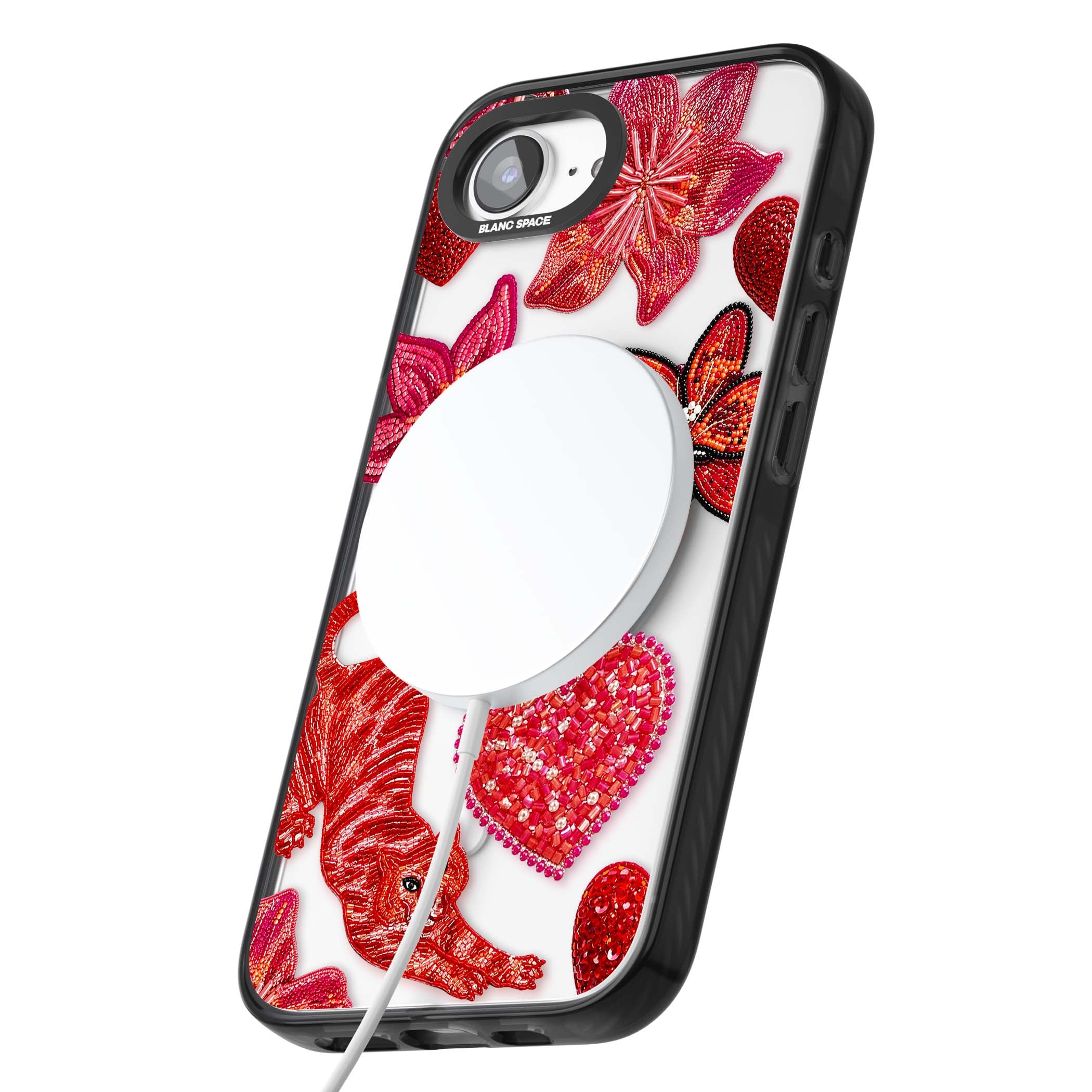 Beaded Boho floral iPhone case featuring beaded red lilies, a stitched tiger, and pearl-encrusted hearts on clear | Black Impact Magsafe case for iPhone 16e, iPhone 17e