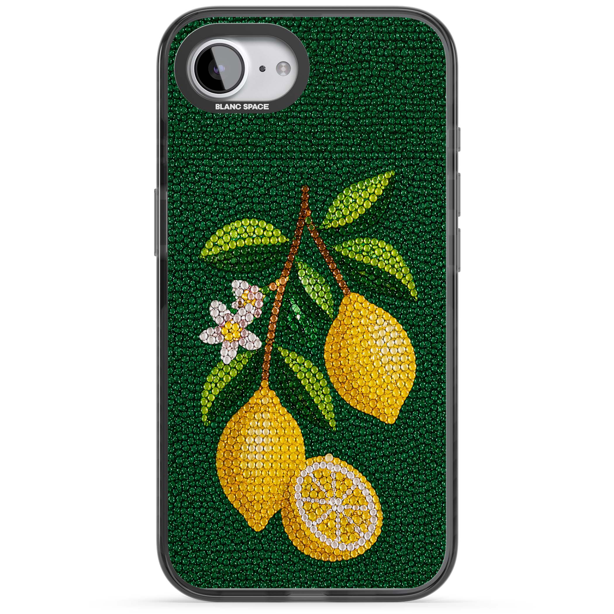 Beaded Lemons coastal iPhone case featuring crystal-beaded lemons, citrus blossom and green leaves on emerald ground | Black Impact Magsafe case for iPhone 16e, iPhone 17e