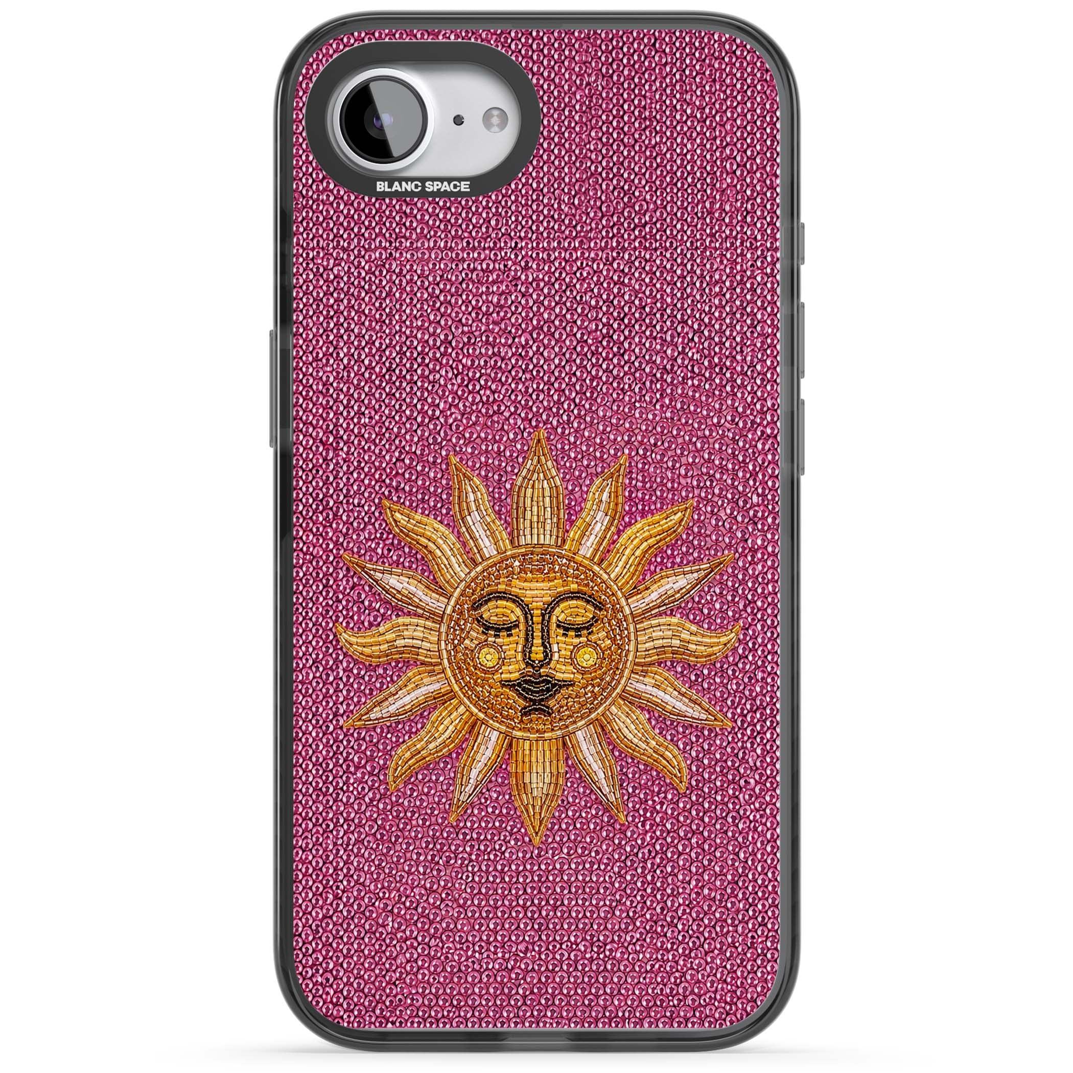 Beaded Sun celestial iPhone case featuring a golden beaded sun face with radiant rays on hot pink beaded background | Black Impact Magsafe case for iPhone 16e, iPhone 17e