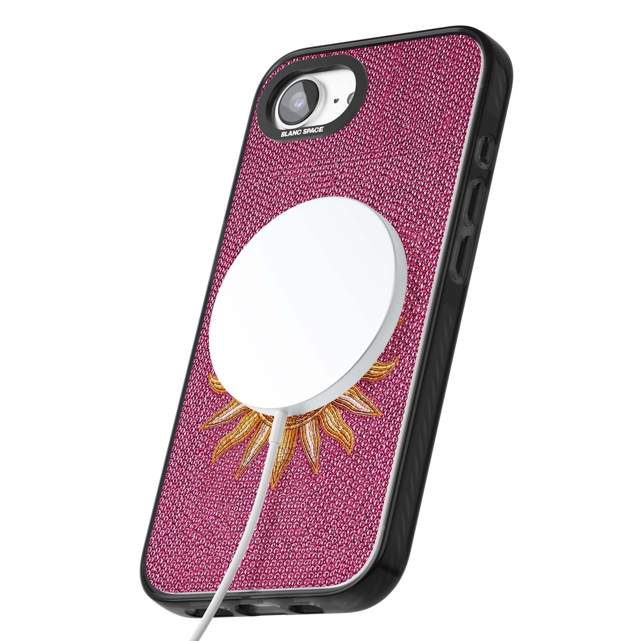 Beaded Sun celestial iPhone case featuring a golden beaded sun face with radiant rays on hot pink beaded background | Black Impact Magsafe case for iPhone 16e, iPhone 17e