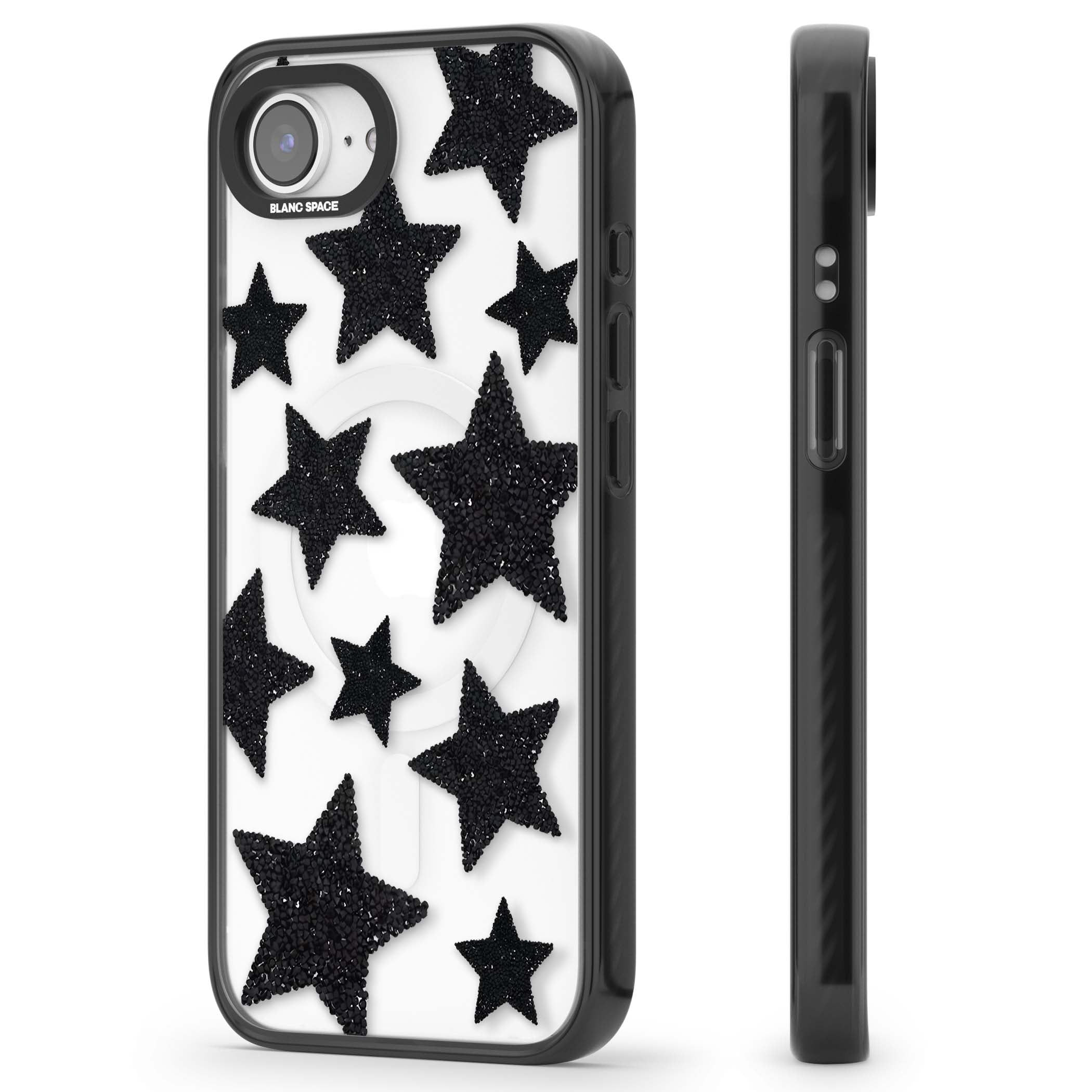 Beaded Black Stars celestial iPhone case featuring black glitter beaded stars scattered on a clear background | Black Impact Magsafe case for iPhone 16e, iPhone 17e