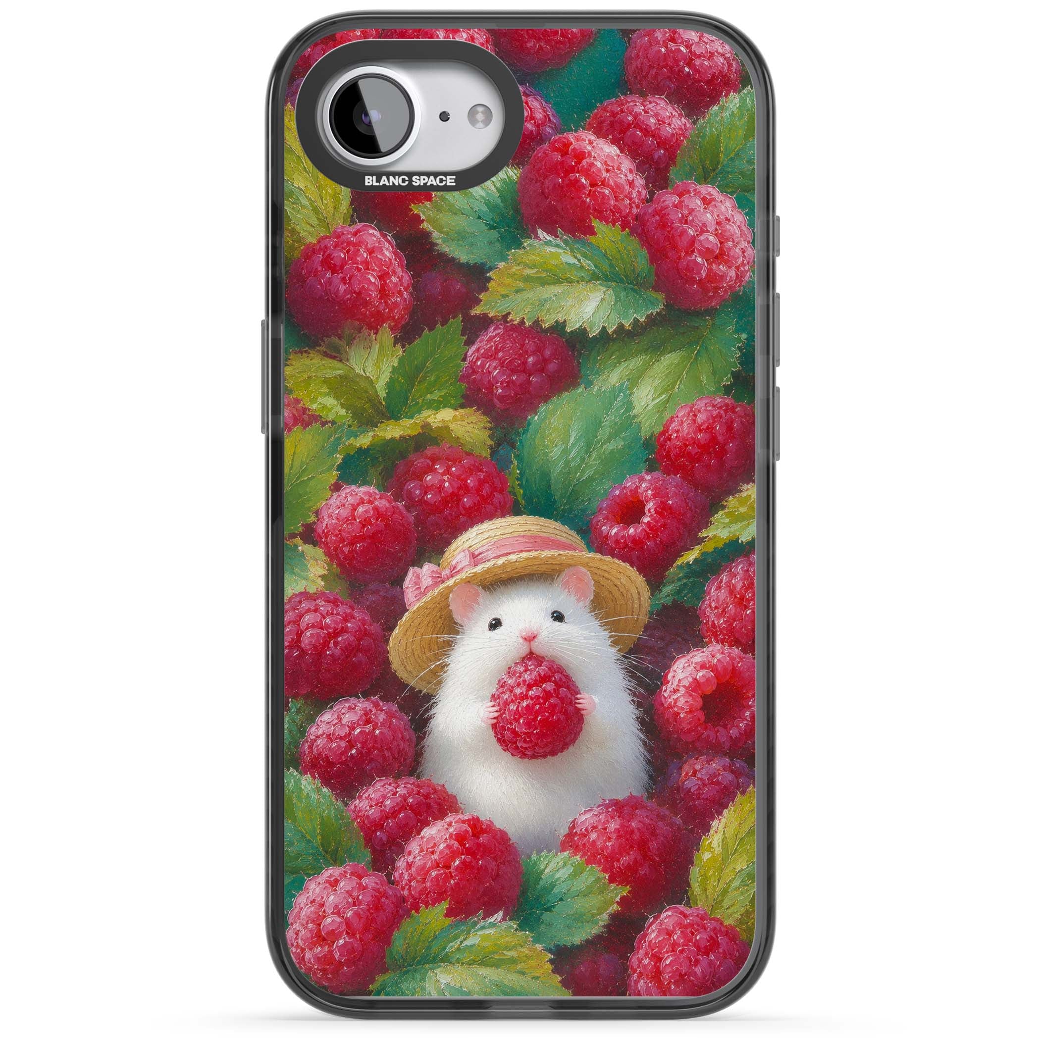 Berry Forager cottagecore iPhone case featuring a white hamster in a straw hat holding a raspberry surrounded by ripe ber | Black Impact Magsafe case for iPhone 16e, iPhone 17e