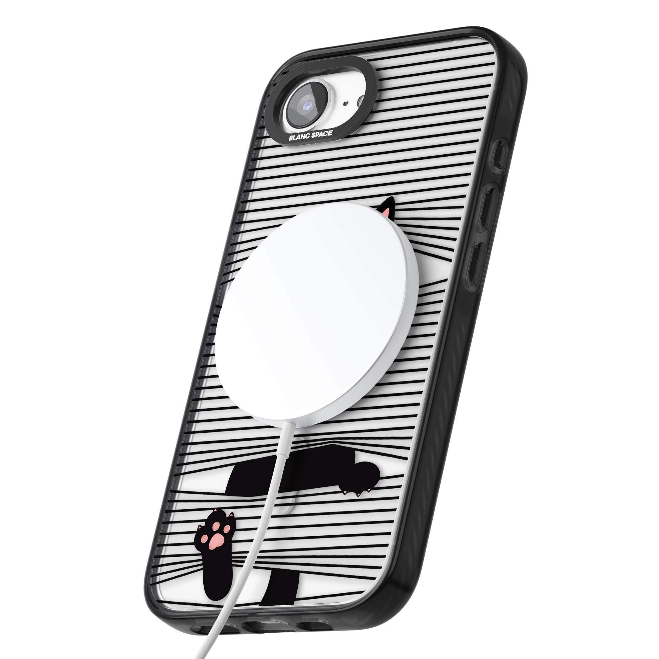 Peek-a-Boo Cat minimal iPhone case featuring black cat peeking through horizontal black and white stripes | Black Impact Magsafe case for iPhone 16e, iPhone 17e