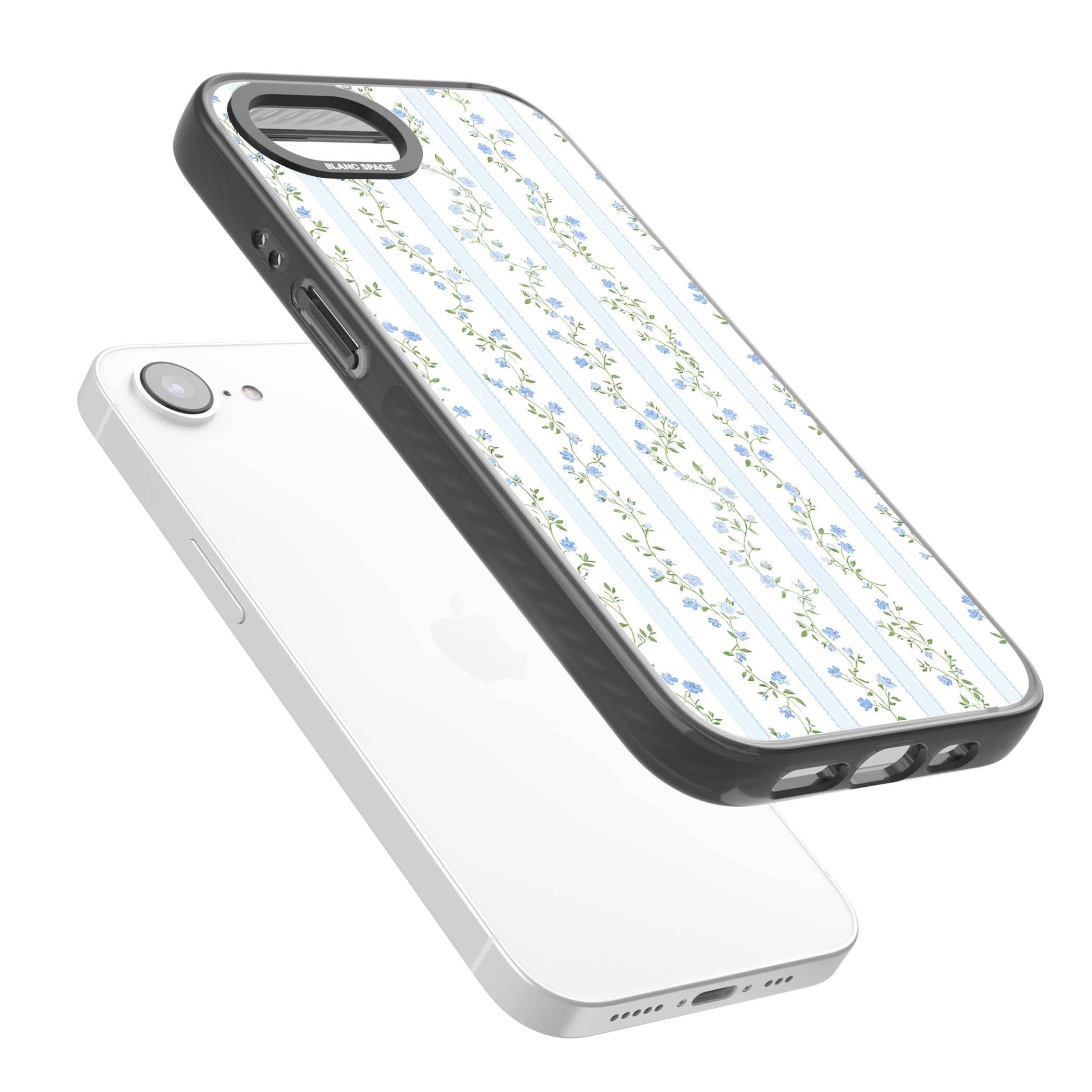 Bluebell Vine cottagecore iPhone case featuring climbing blue roses, trailing green vines, and pale ticking stripes | Black Impact Magsafe case for iPhone 16e, iPhone 17e