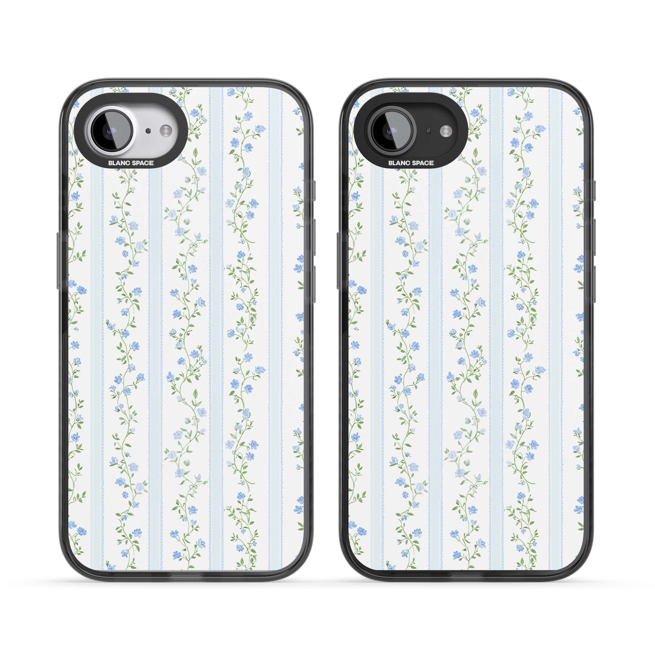 Bluebell Vine cottagecore iPhone case featuring climbing blue roses, trailing green vines, and pale ticking stripes | Black Impact Magsafe case for iPhone 16e, iPhone 17e