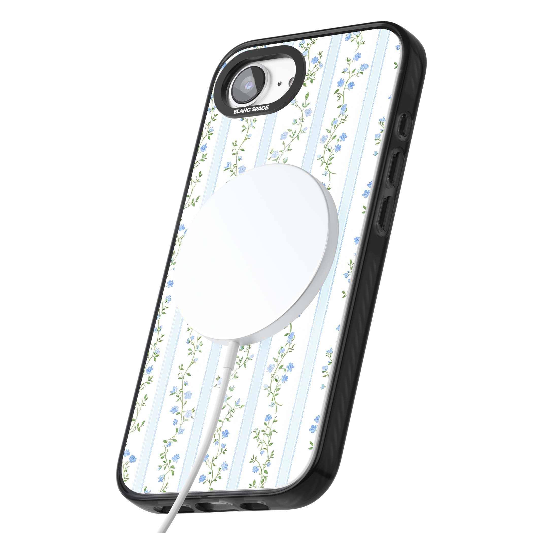 Bluebell Vine cottagecore iPhone case featuring climbing blue roses, trailing green vines, and pale ticking stripes | Black Impact Magsafe case for iPhone 16e, iPhone 17e