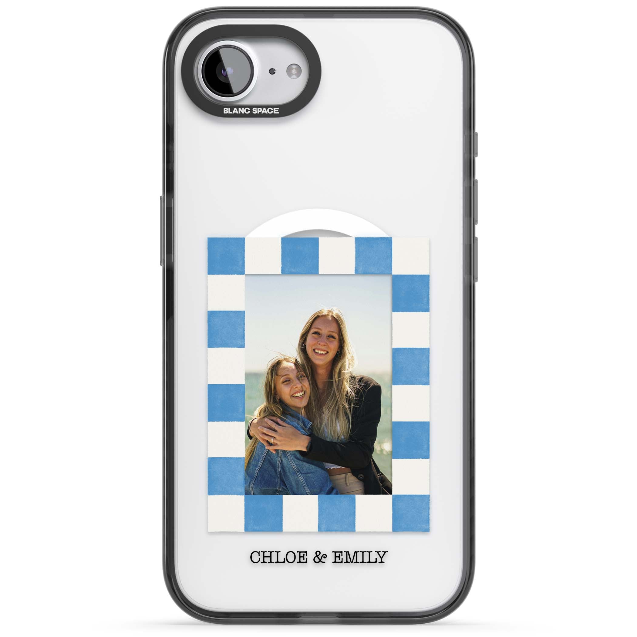 Blue Check Photo personalised photo iPhone case with blue checkered frame and custom couple names | Black Impact Magsafe case for iPhone 16e, iPhone 17e