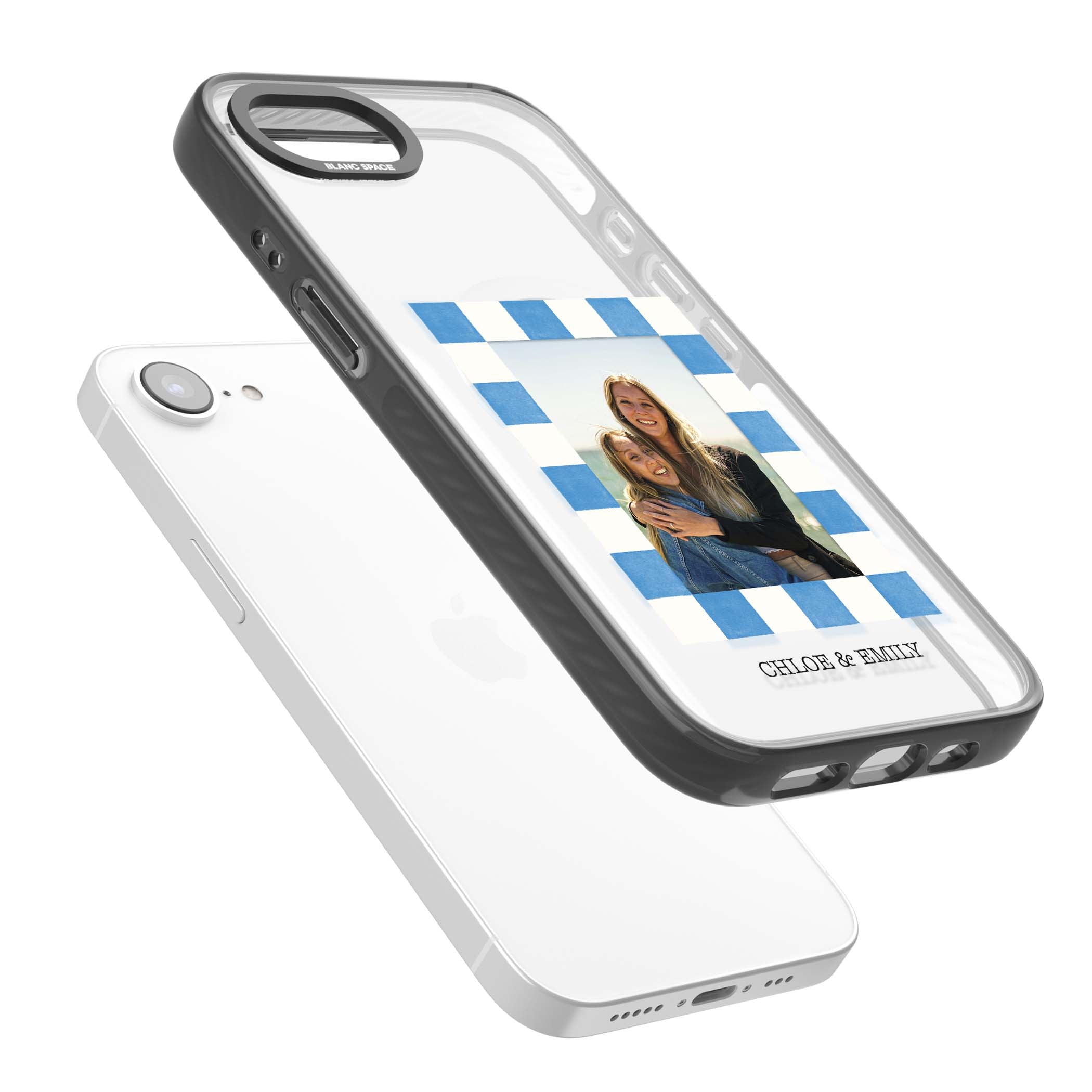 Blue Check Photo personalised photo iPhone case with blue checkered frame and custom couple names | Black Impact Magsafe case for iPhone 16e, iPhone 17e