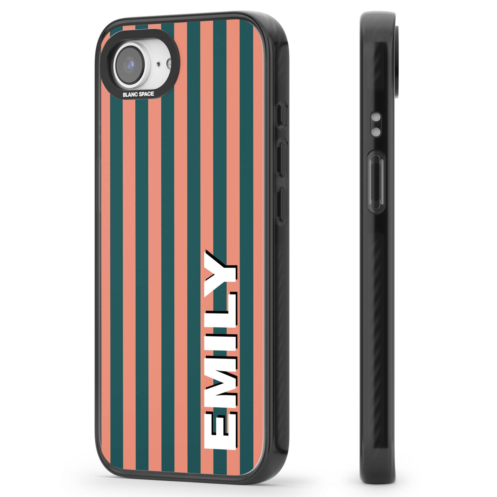 Tuscan Stripe personalised iPhone case featuring coral and green vertical stripes with bold custom name | Black Impact Magsafe case for iPhone 16e, iPhone 17e