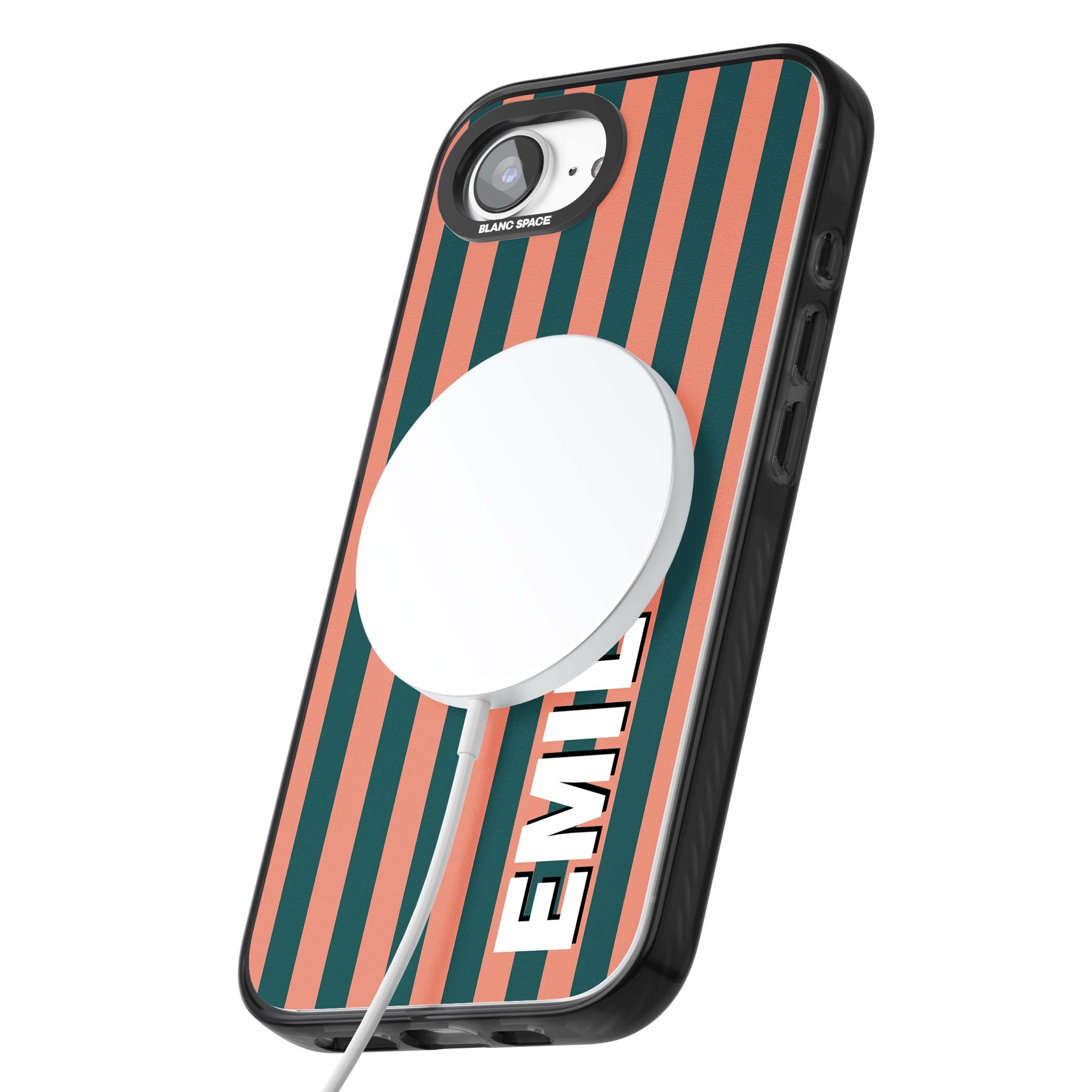 Tuscan Stripe personalised iPhone case featuring coral and green vertical stripes with bold custom name | Black Impact Magsafe case for iPhone 16e, iPhone 17e