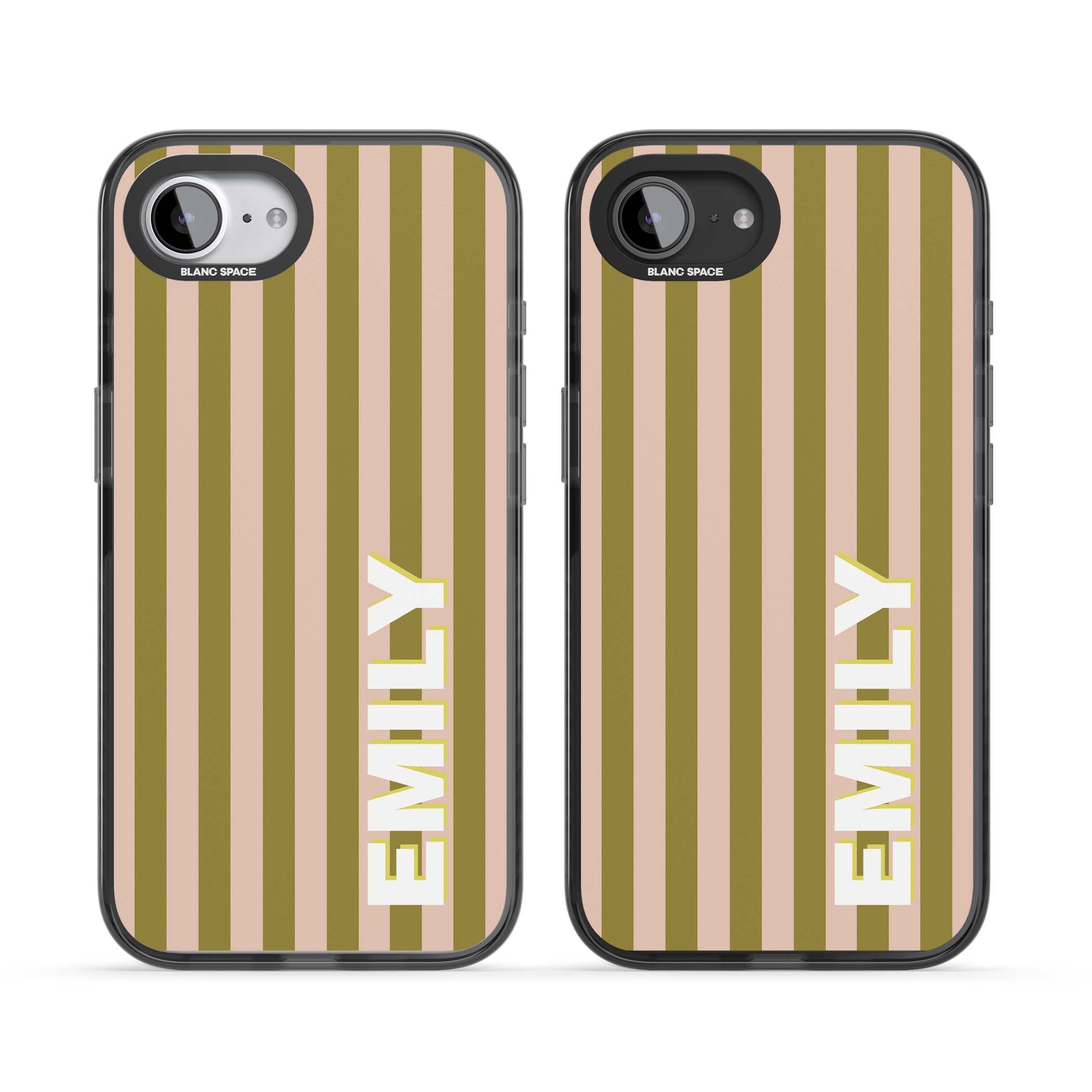 Indian Stripe personalised iPhone case featuring olive green and blush pink vertical stripes with custom name in whit | Black Impact Magsafe case for iPhone 16e, iPhone 17e