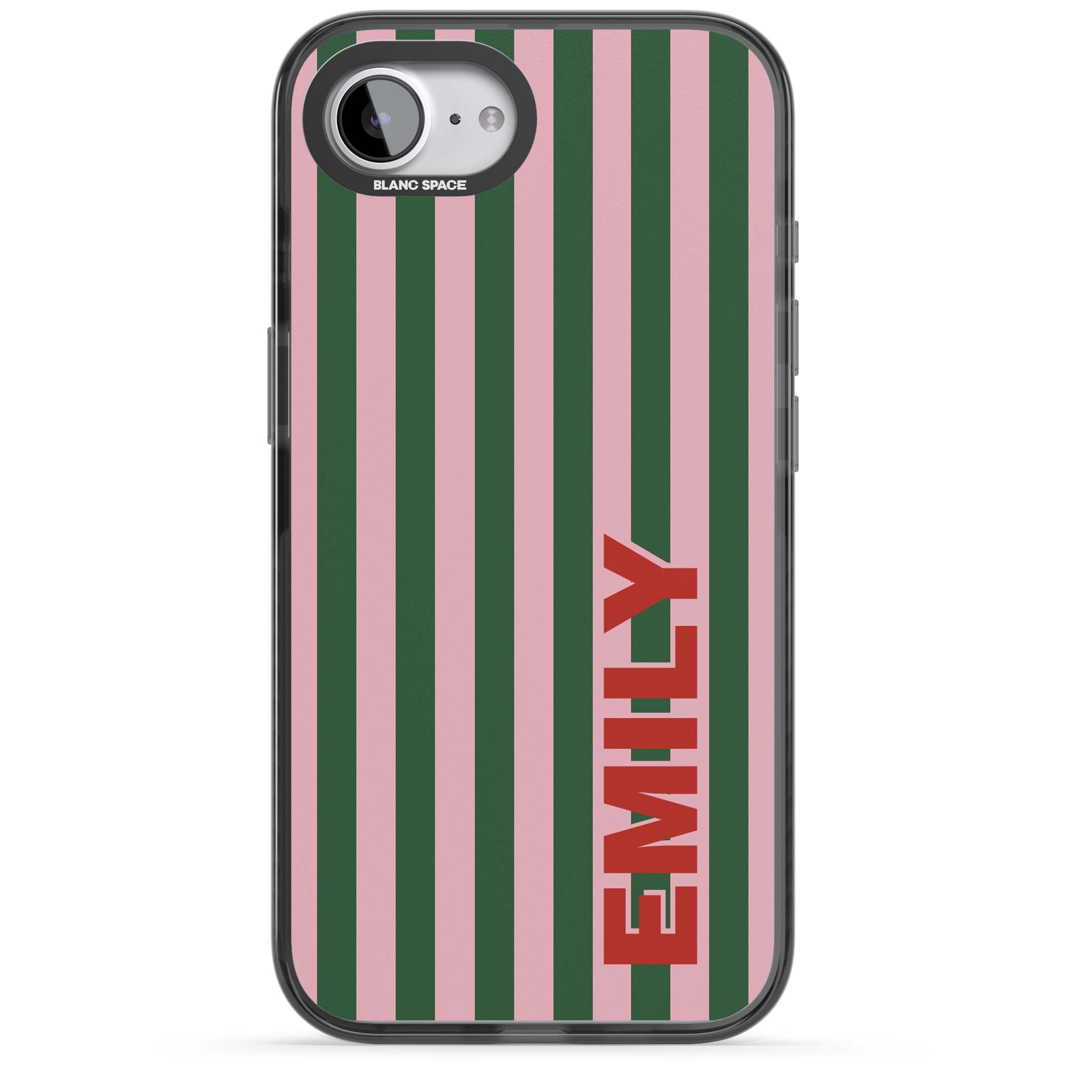 Italian Stripe preppy iPhone case featuring pink and green vertical stripes with personalised red name | Black Impact Magsafe case for iPhone 16e, iPhone 17e