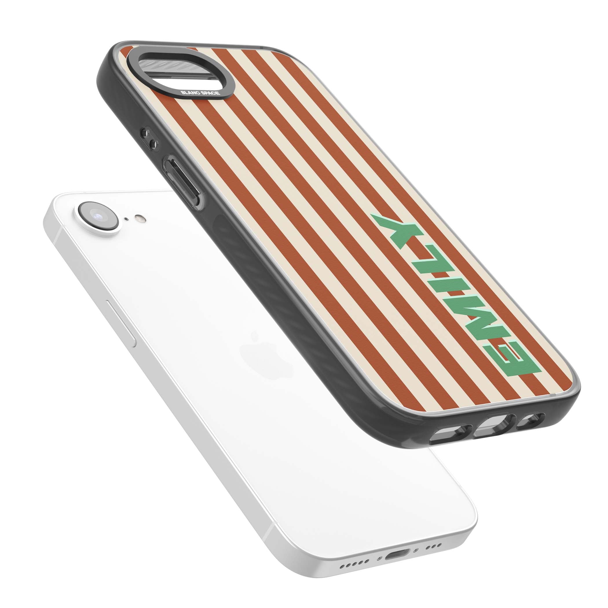 Dune Stripe personalised iPhone case with rust and cream vertical stripes and custom name in mint green | Black Impact Magsafe case for iPhone 16e, iPhone 17e