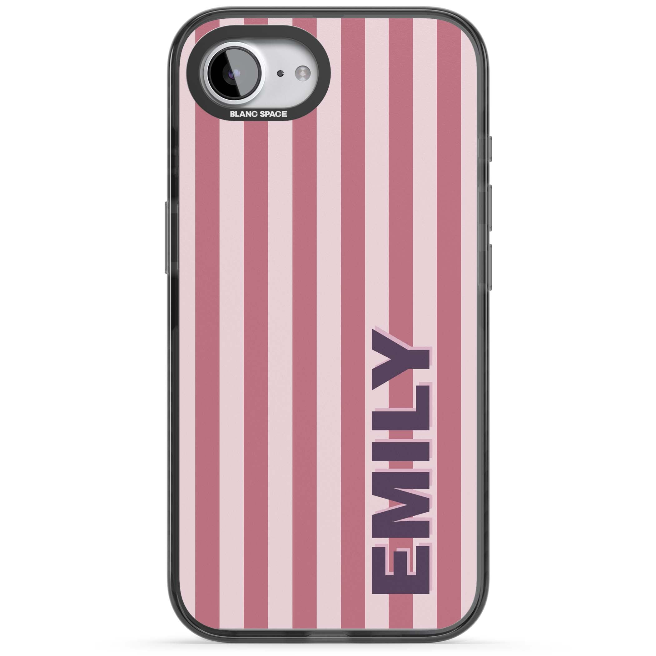Victoria Stripe personalised iPhone case featuring pink vertical stripes and custom name in bold plum lettering | Black Impact Magsafe case for iPhone 16e, iPhone 17e