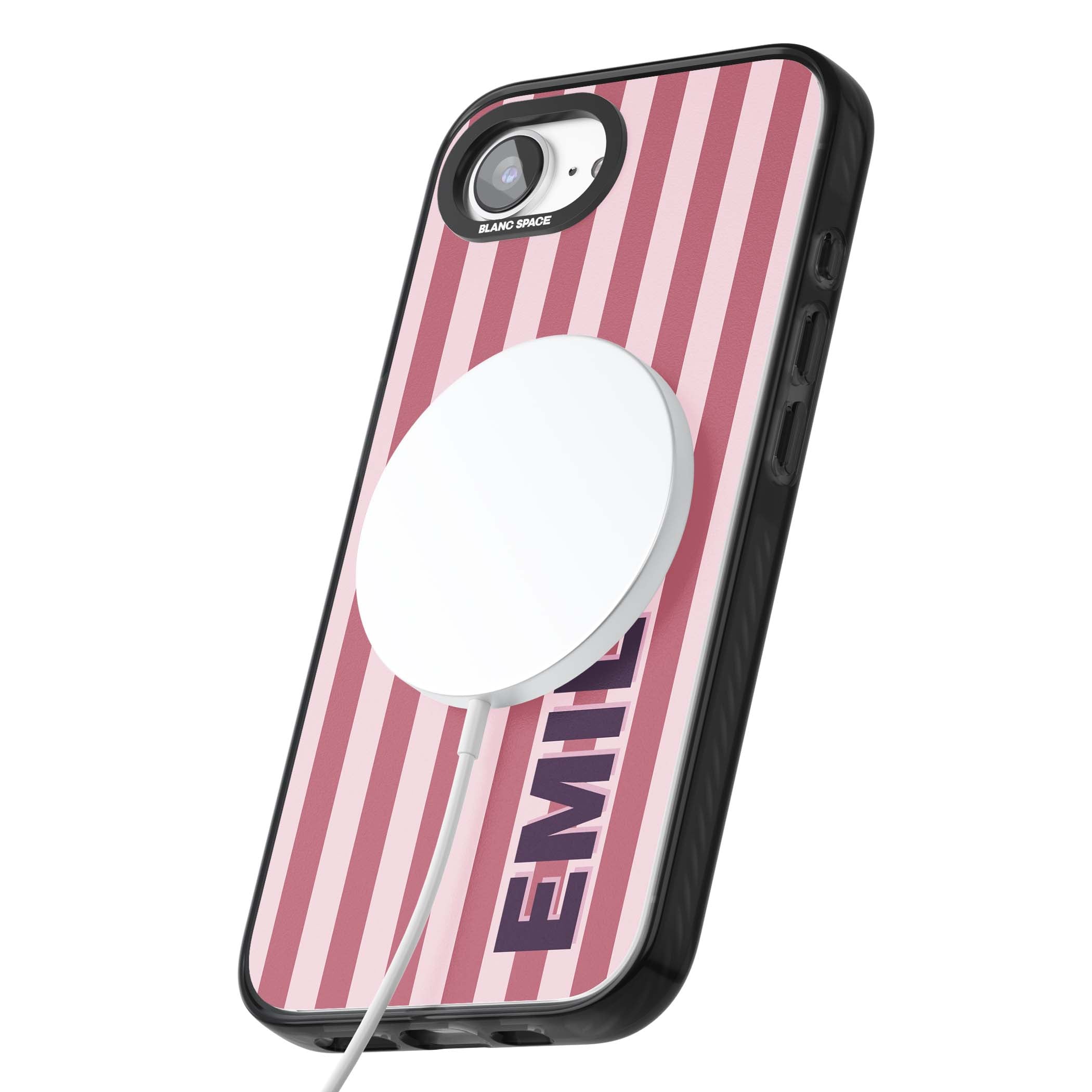 Victoria Stripe personalised iPhone case featuring pink vertical stripes and custom name in bold plum lettering | Black Impact Magsafe case for iPhone 16e, iPhone 17e