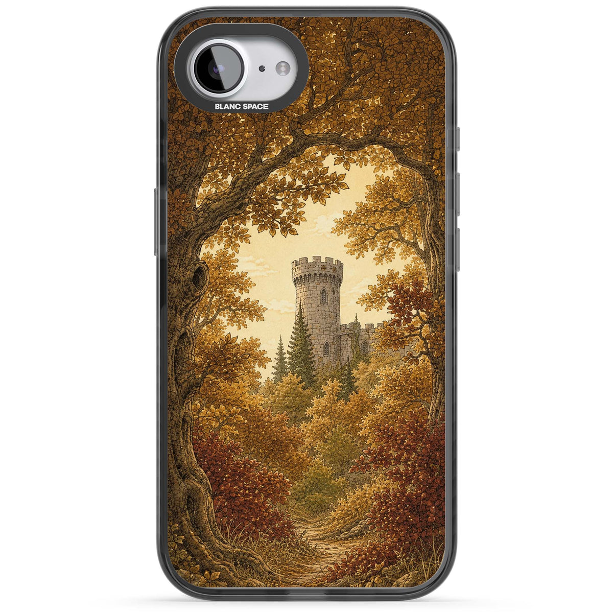 Autumn Keep cottagecore iPhone case featuring a medieval castle tower framed by golden autumn trees and woodland foliage | Black Impact Magsafe case for iPhone 16e, iPhone 17e