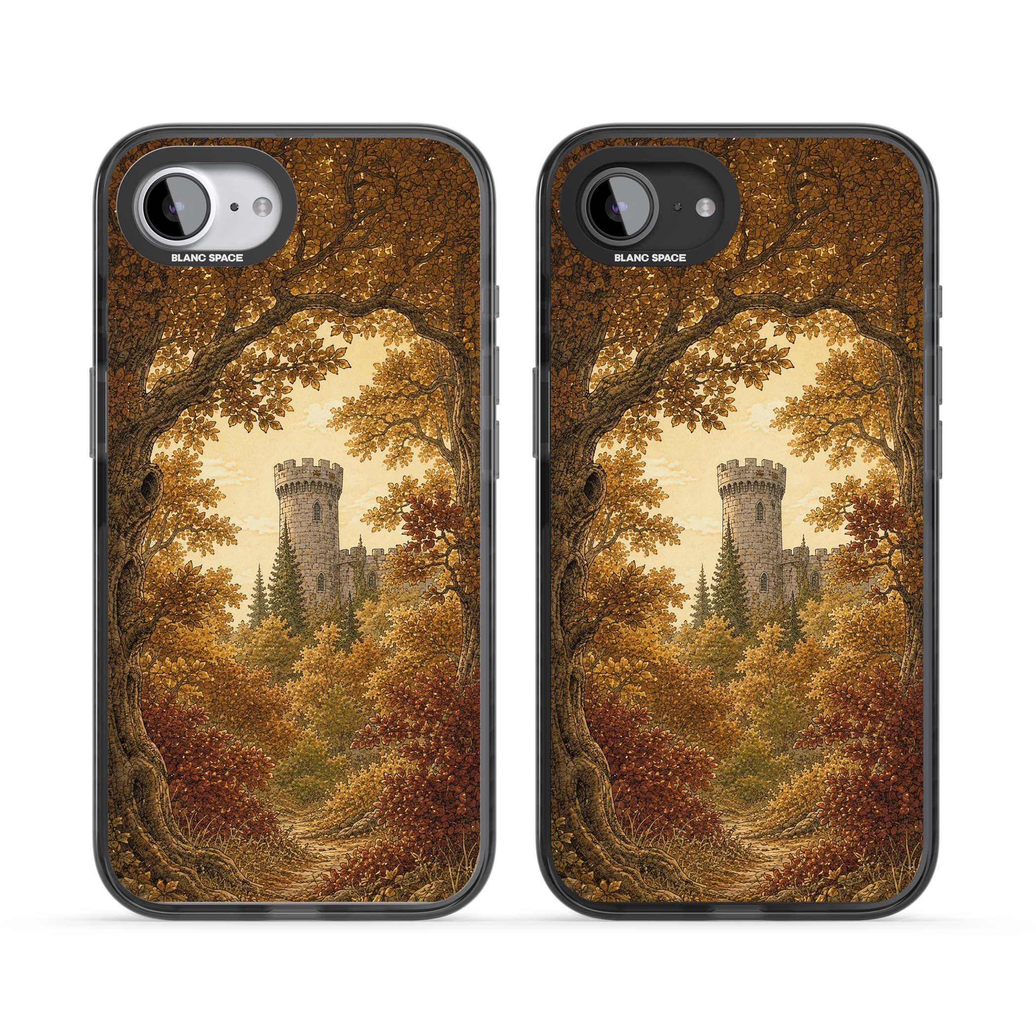 Autumn Keep cottagecore iPhone case featuring a medieval castle tower framed by golden autumn trees and woodland foliage | Black Impact Magsafe case for iPhone 16e, iPhone 17e