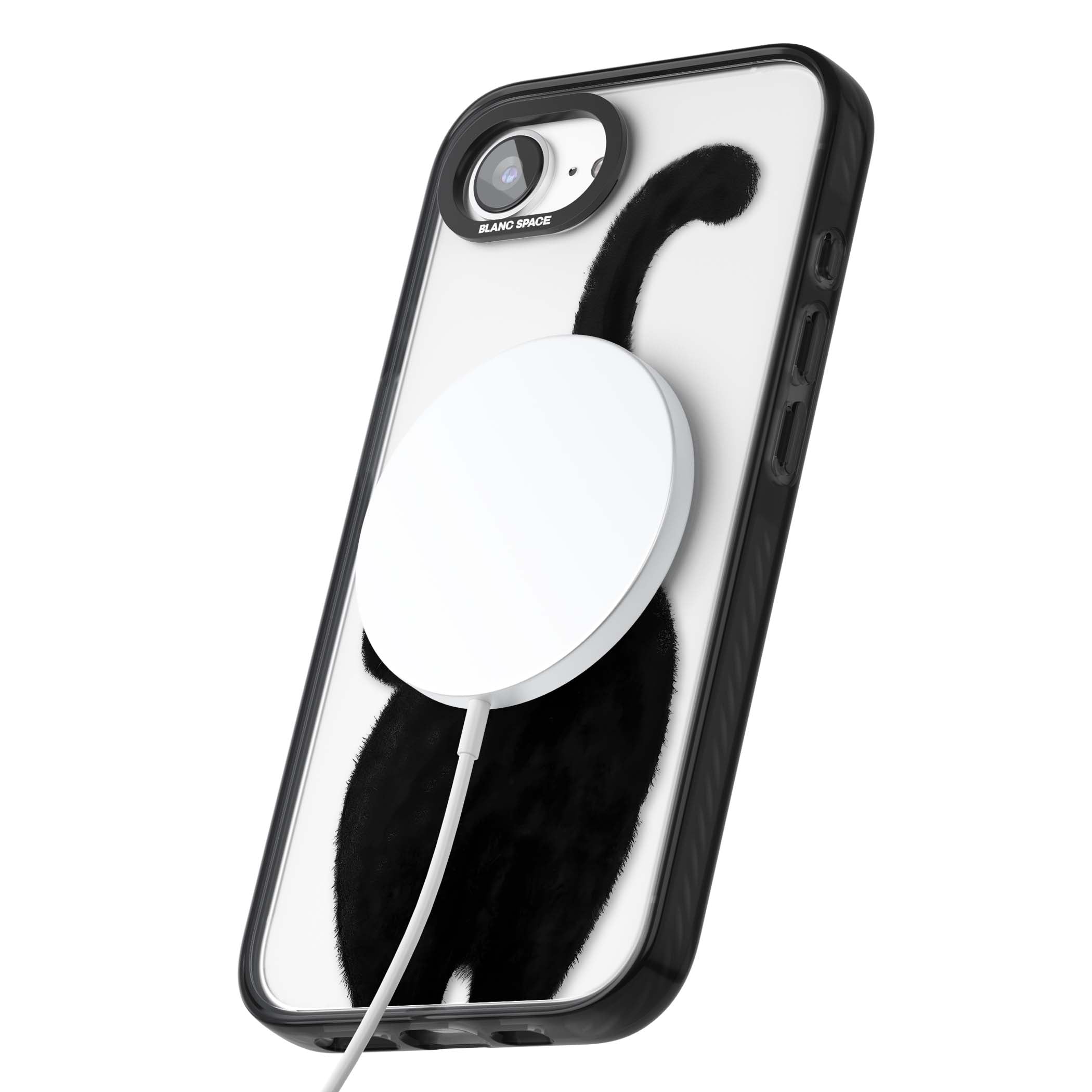 The Cat's Kiss cute cat iPhone case featuring a hand-painted tuxedo kitty with green eyes and a pink heart on a clear  | Black Impact Magsafe case for iPhone 16e, iPhone 17e