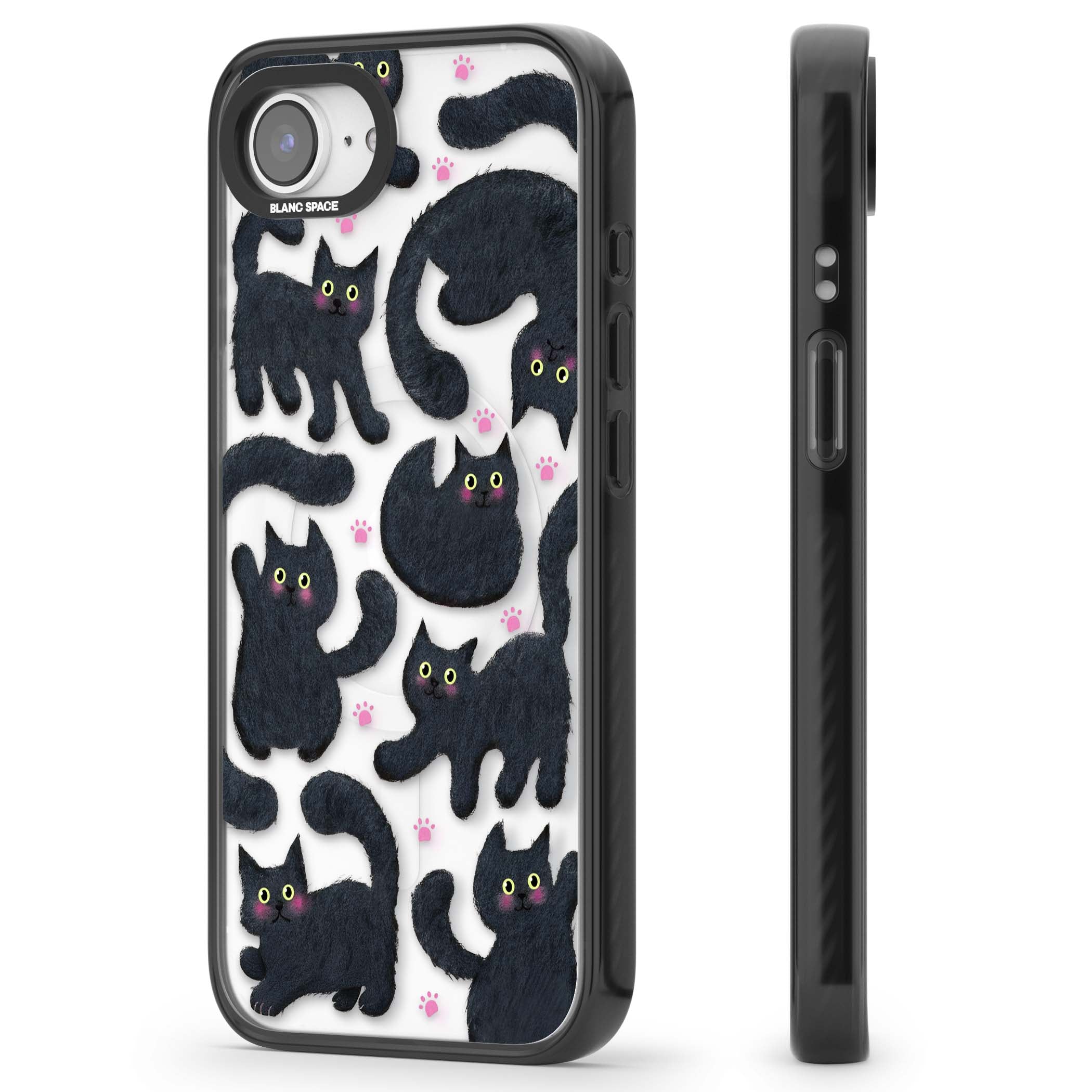 Midnight Cats cute iPhone case featuring black cat pattern with yellow eyes and pink paw prints | Black Impact Magsafe case for iPhone 16e, iPhone 17e