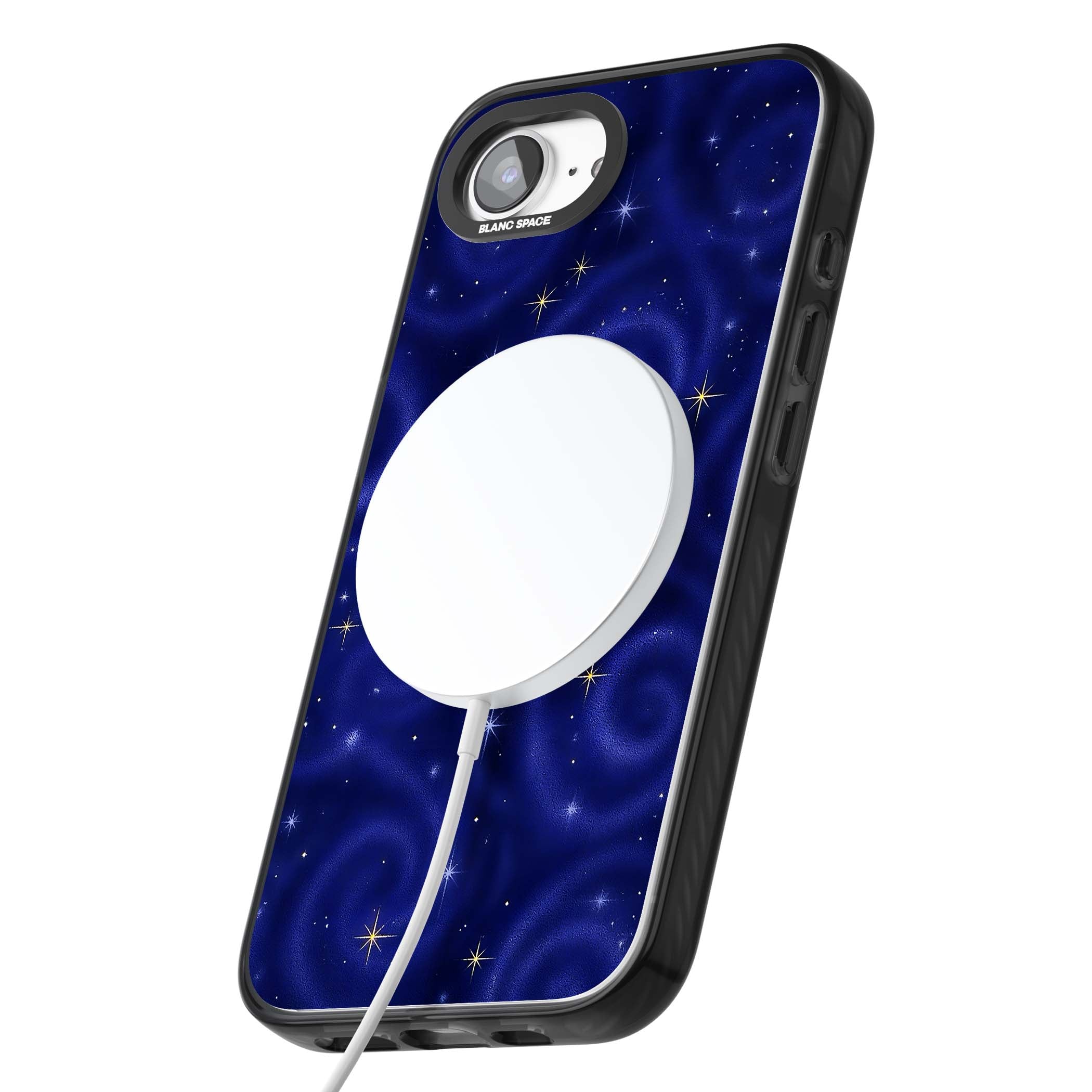 Indigo Cosmos celestial iPhone case featuring swirling navy night sky and sparkling golden stars | Black Impact Magsafe case for iPhone 16e, iPhone 17e