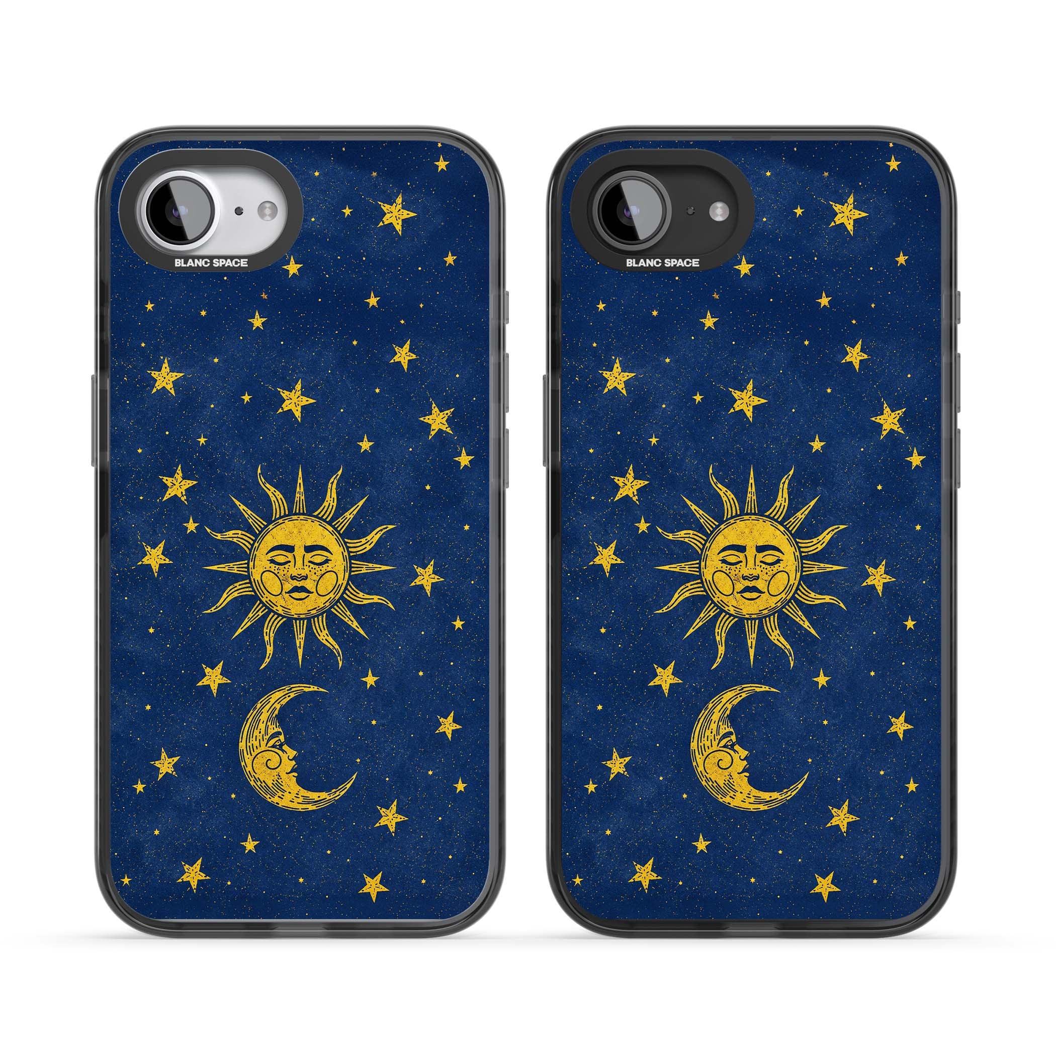 Sun & Moon Reverie celestial iPhone case featuring a vintage golden sun, crescent moon and scattered stars on midnight blue | Black Impact Magsafe case for iPhone 16e, iPhone 17e