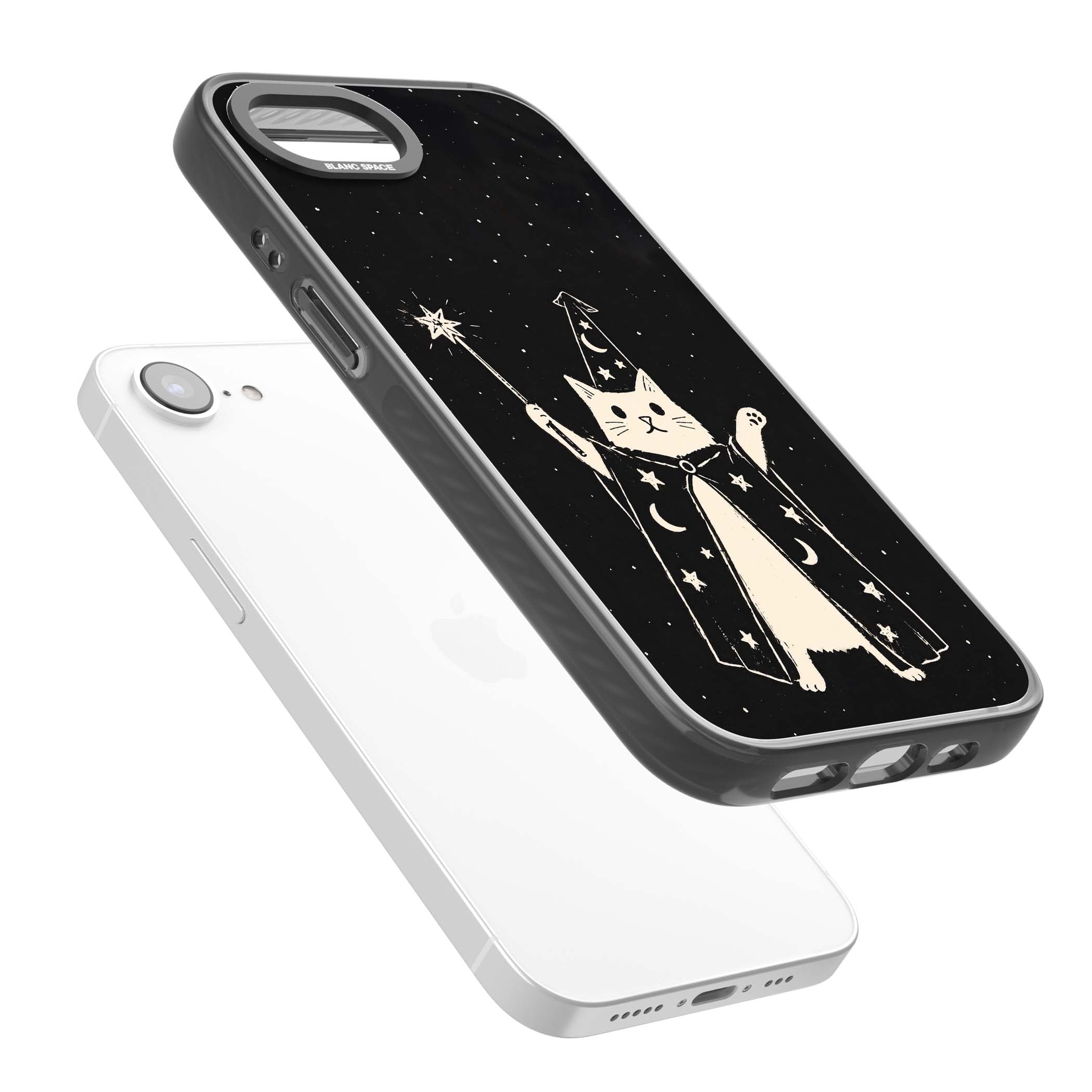 Whisker Wizard celestial cat iPhone case featuring a wizard cat with magic wand, starry night sky and crescent moons | Black Impact Magsafe case for iPhone 16e, iPhone 17e